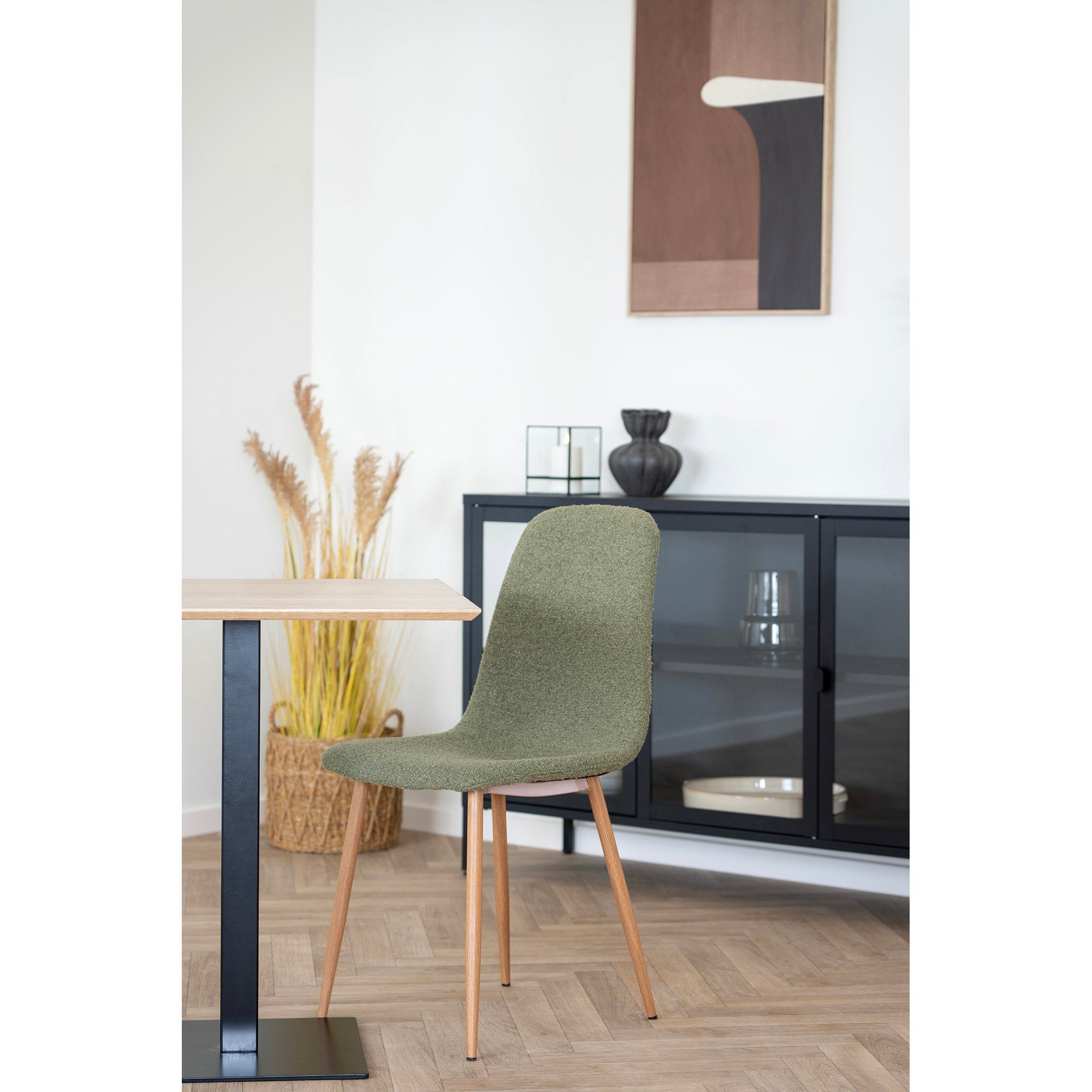 Stockholm Dining Chair - Bouclé, dark green, wood-look legs HN1236 (set of 2)