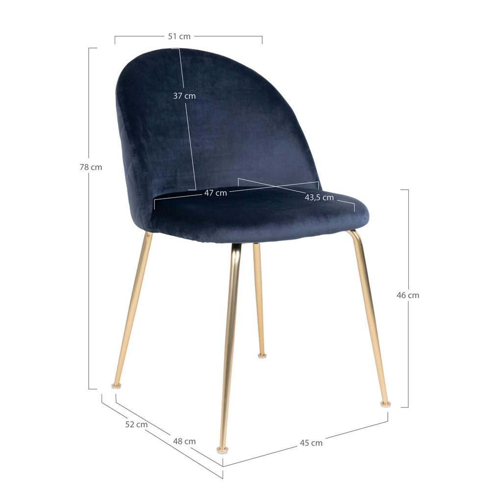 Geneve Eetkamerstoel - Fluweel, blauw, messinglook poten HN1205 (set van 2)