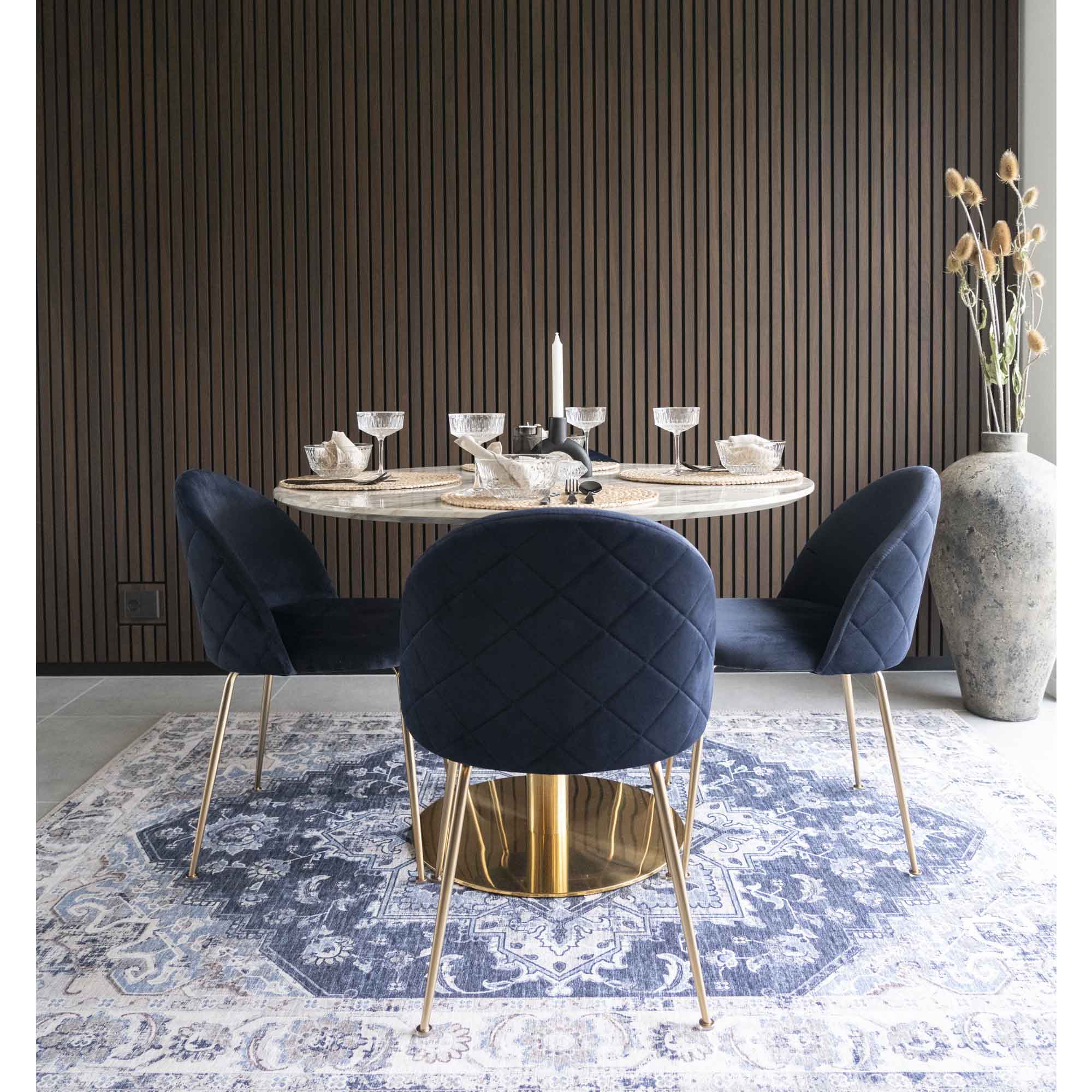 Geneve Eetkamerstoel - Fluweel, blauw, messinglook poten HN1205 (set van 2)