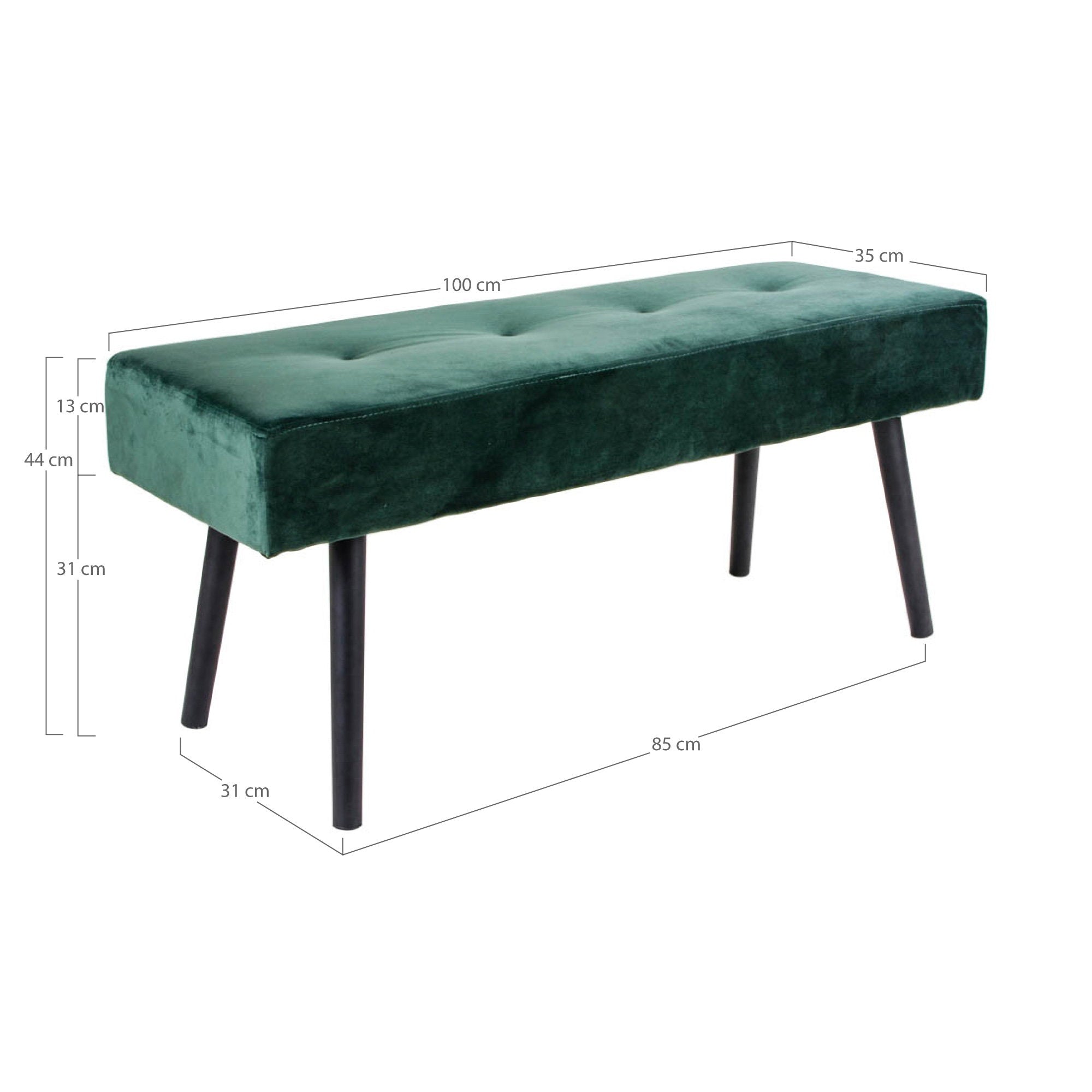 Skiby Bankje - Fluweel, donkergroen, zwarte poten 100x35x44 cm, HN1206