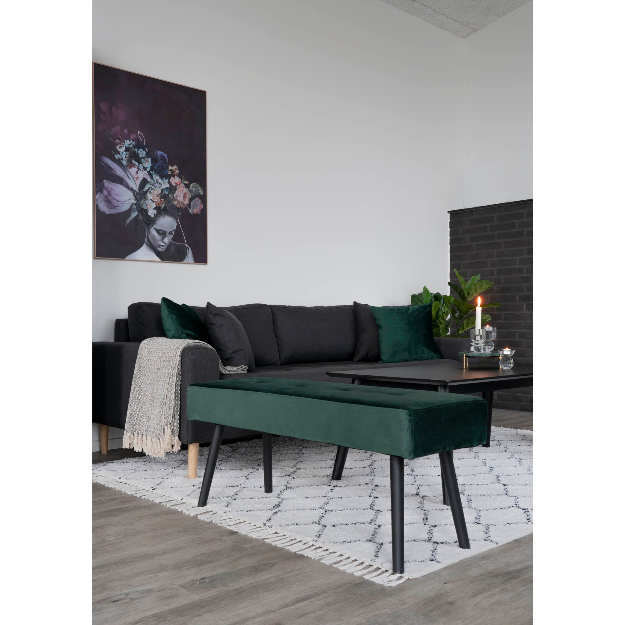 Skiby Bankje - Fluweel, donkergroen, zwarte poten 100x35x44 cm, HN1206