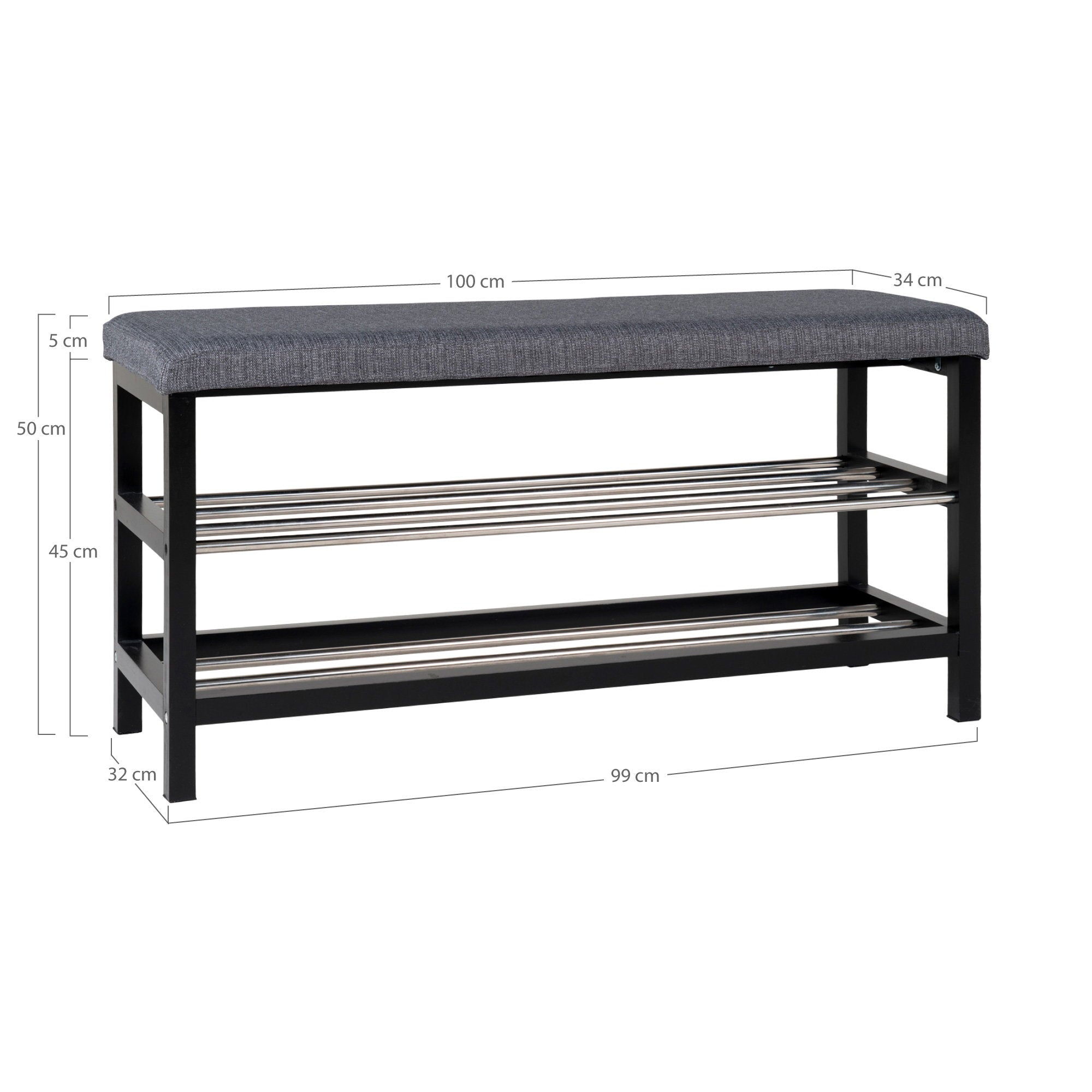 Padova Bankje - Bankje met zitkussen en 2 opbergplanken, grijs, zwarte poten 100x34x50 cm