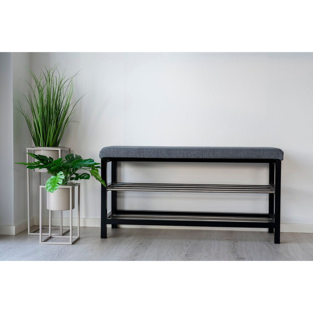 Padova Bankje - Bankje met zitkussen en 2 opbergplanken, grijs, zwarte poten 100x34x50 cm