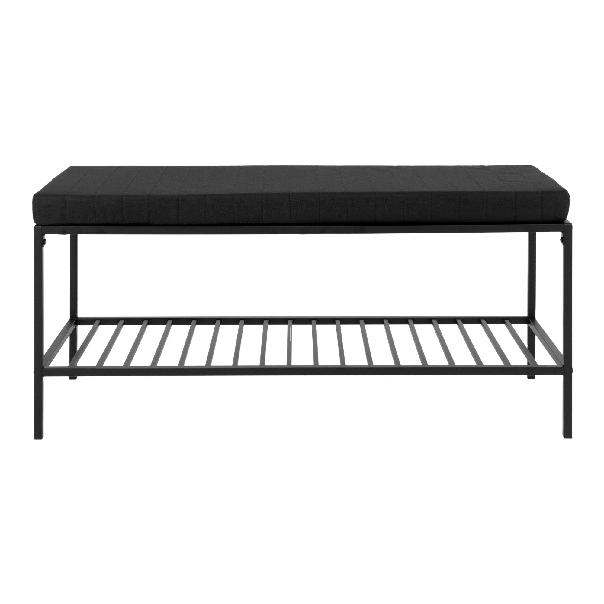 Vita Bench - Bench with seat cushion and storage shelf, black with black legs 100x36x48.5 cm