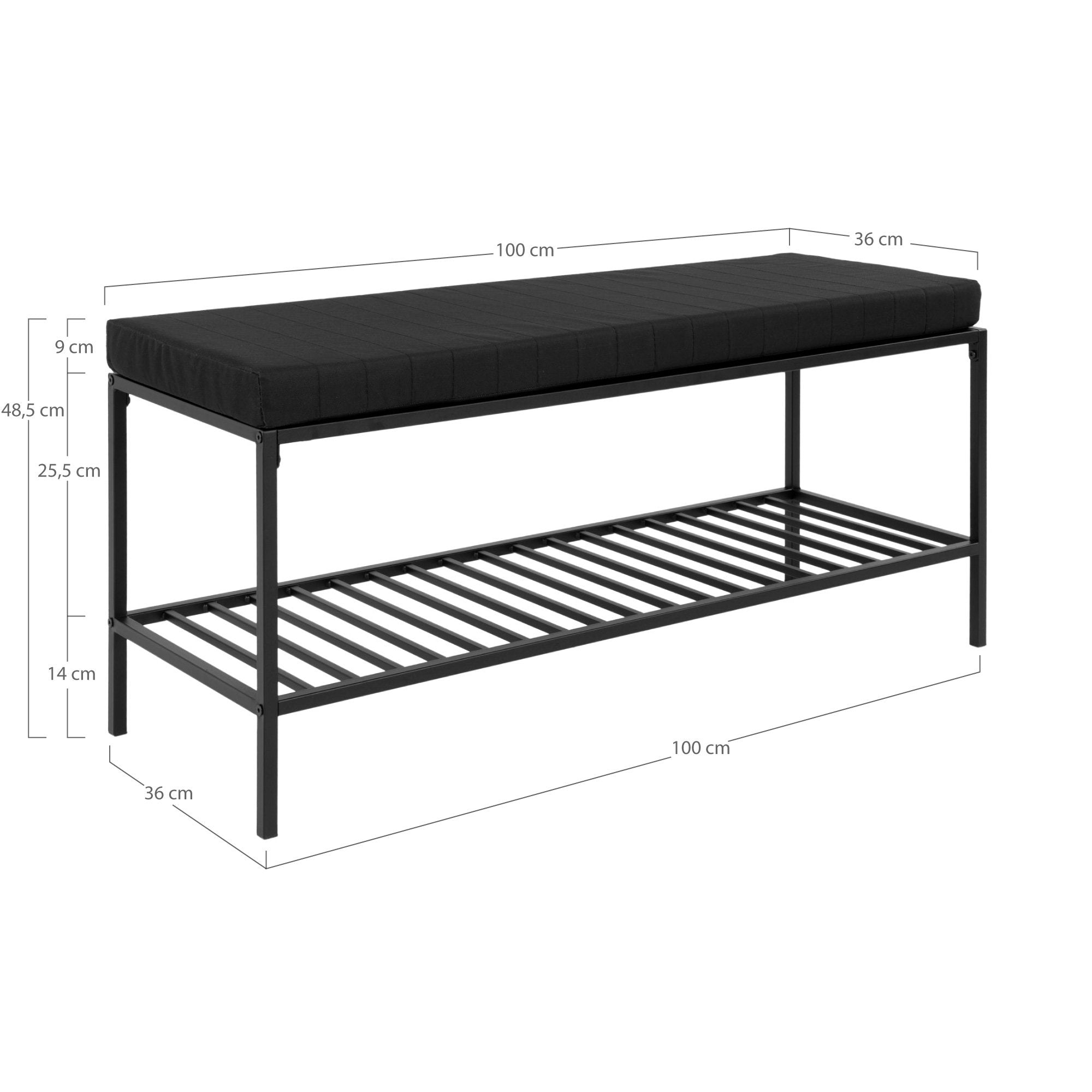 Vita Bench - Bench with seat cushion and storage shelf, black with black legs 100x36x48.5 cm