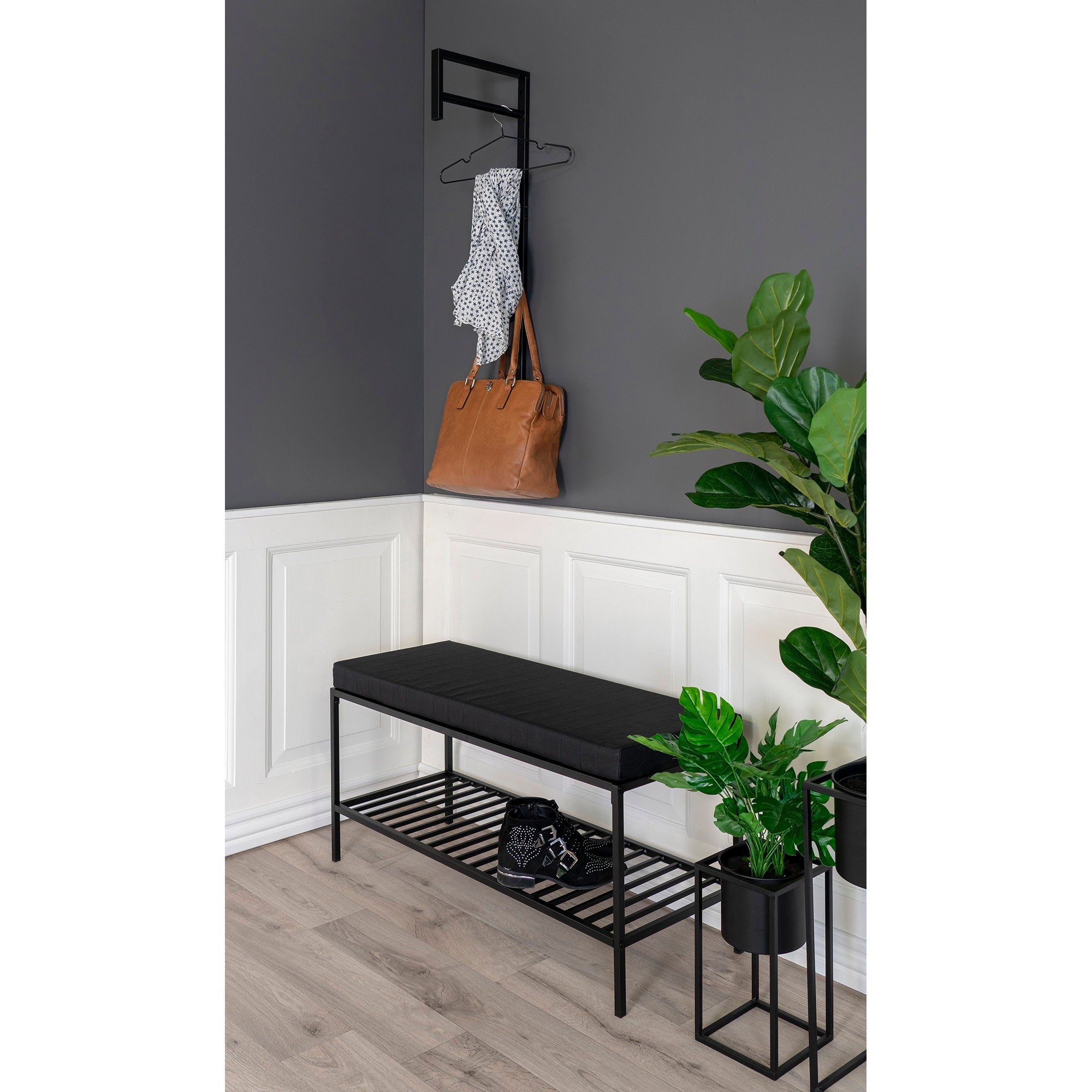 Vita Bench - Bench with seat cushion and storage shelf, black with black legs 100x36x48.5 cm