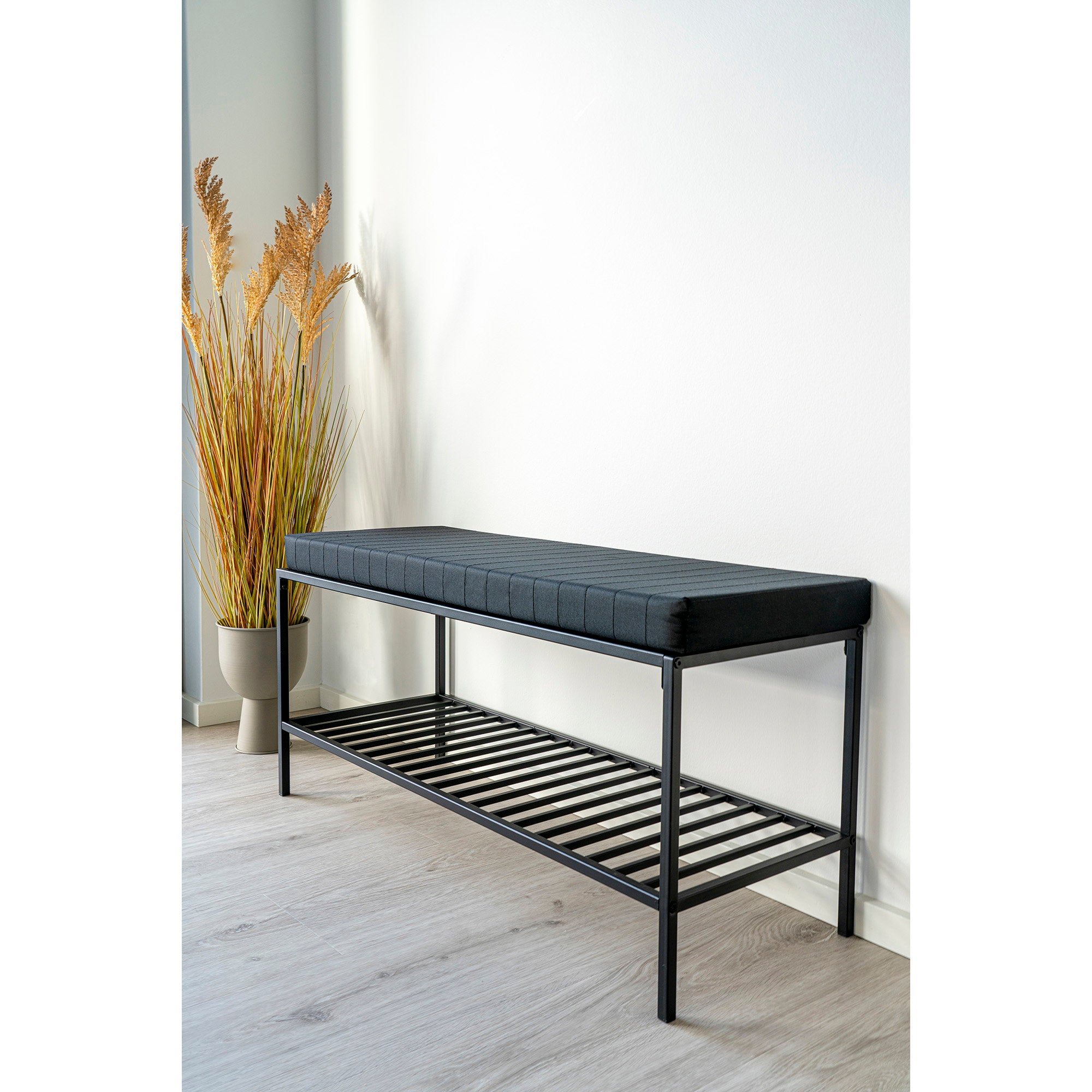 Vita Bench - Bench with seat cushion and storage shelf, black with black legs 100x36x48.5 cm