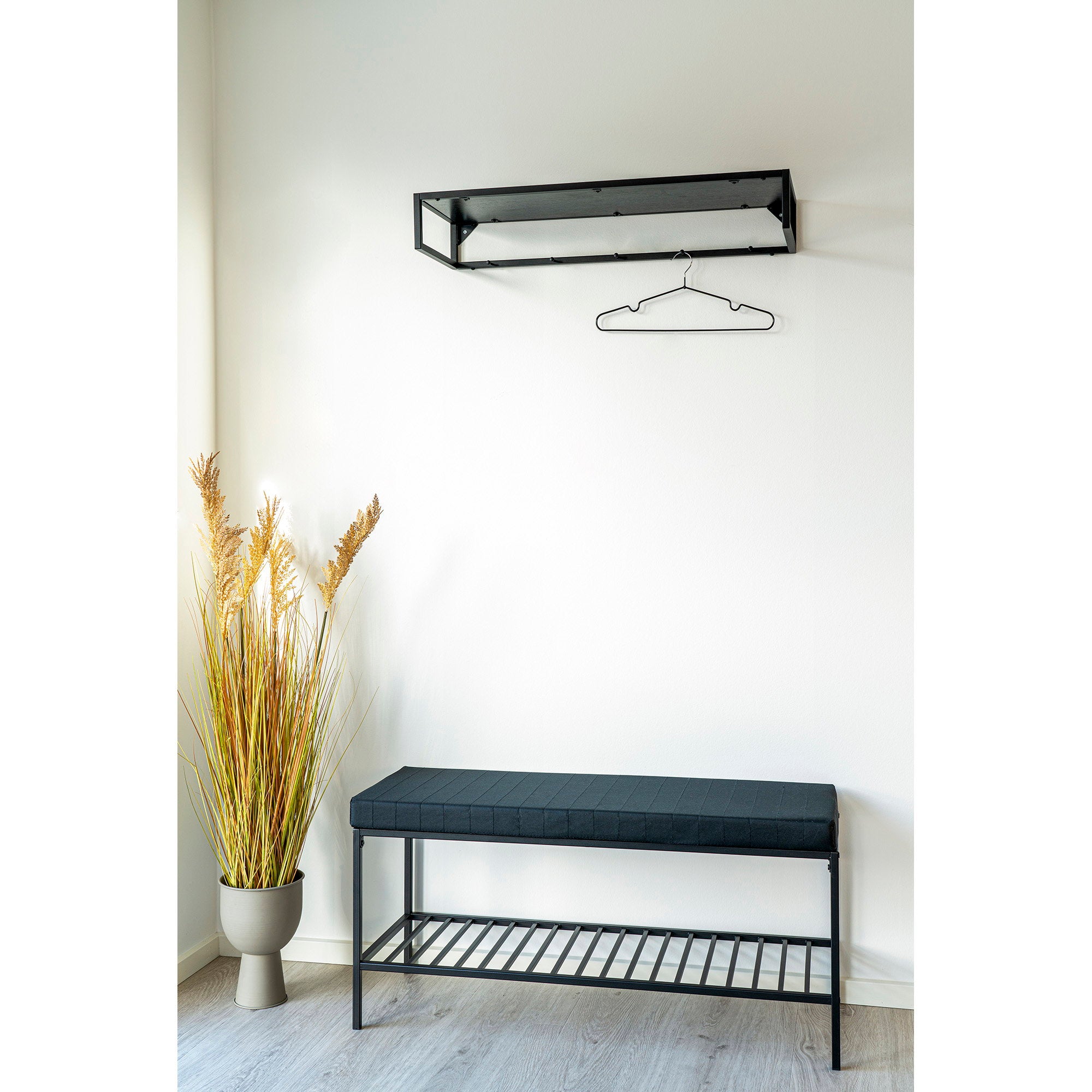Vita Bench - Bench with seat cushion and storage shelf, black with black legs 100x36x48.5 cm