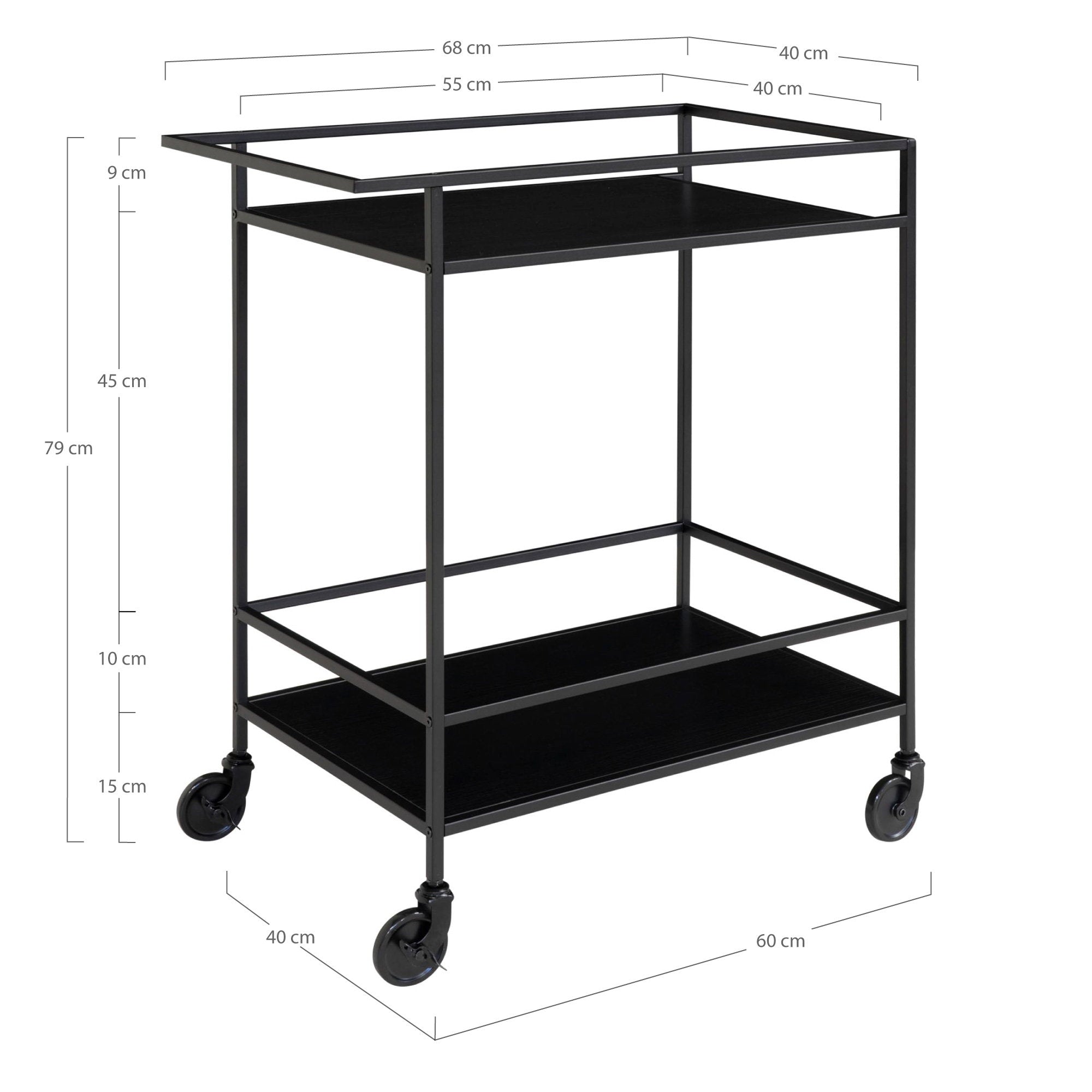 Vita Bartrolley - With 2 shelves, black, black frame 68x40x79 cm