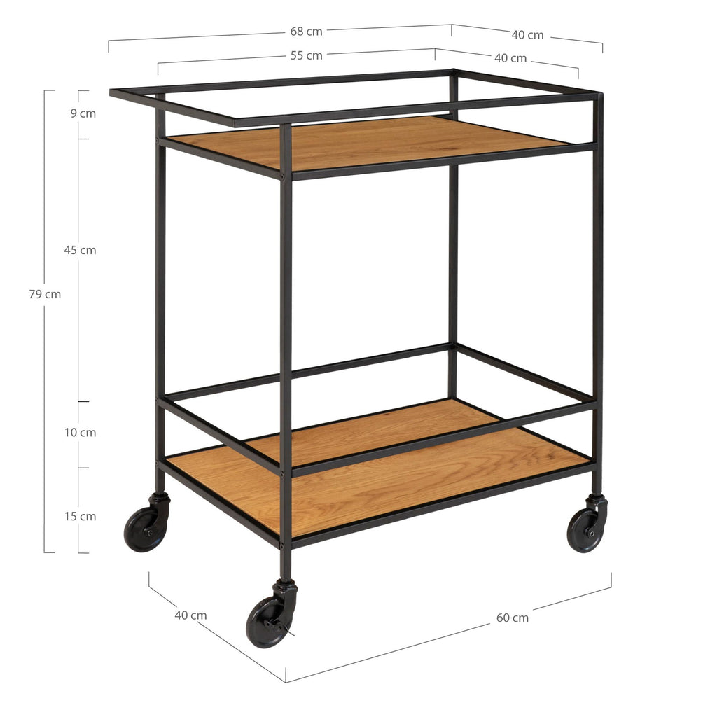 Vita Bartrolley - Met 2 planken, eikenlook, zwart frame 68x40x79 cm