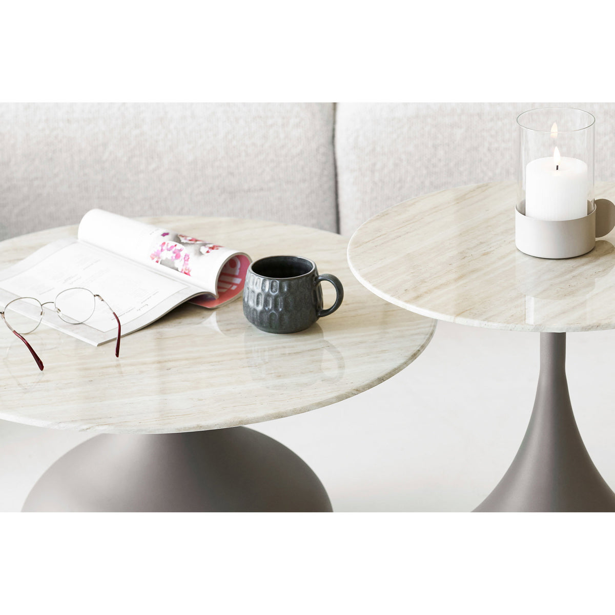 Pienza Coffee Table Set of 2 - Coffee table set, metal/tempered glass, khaki, ø70x42 & ø50x54 cm
