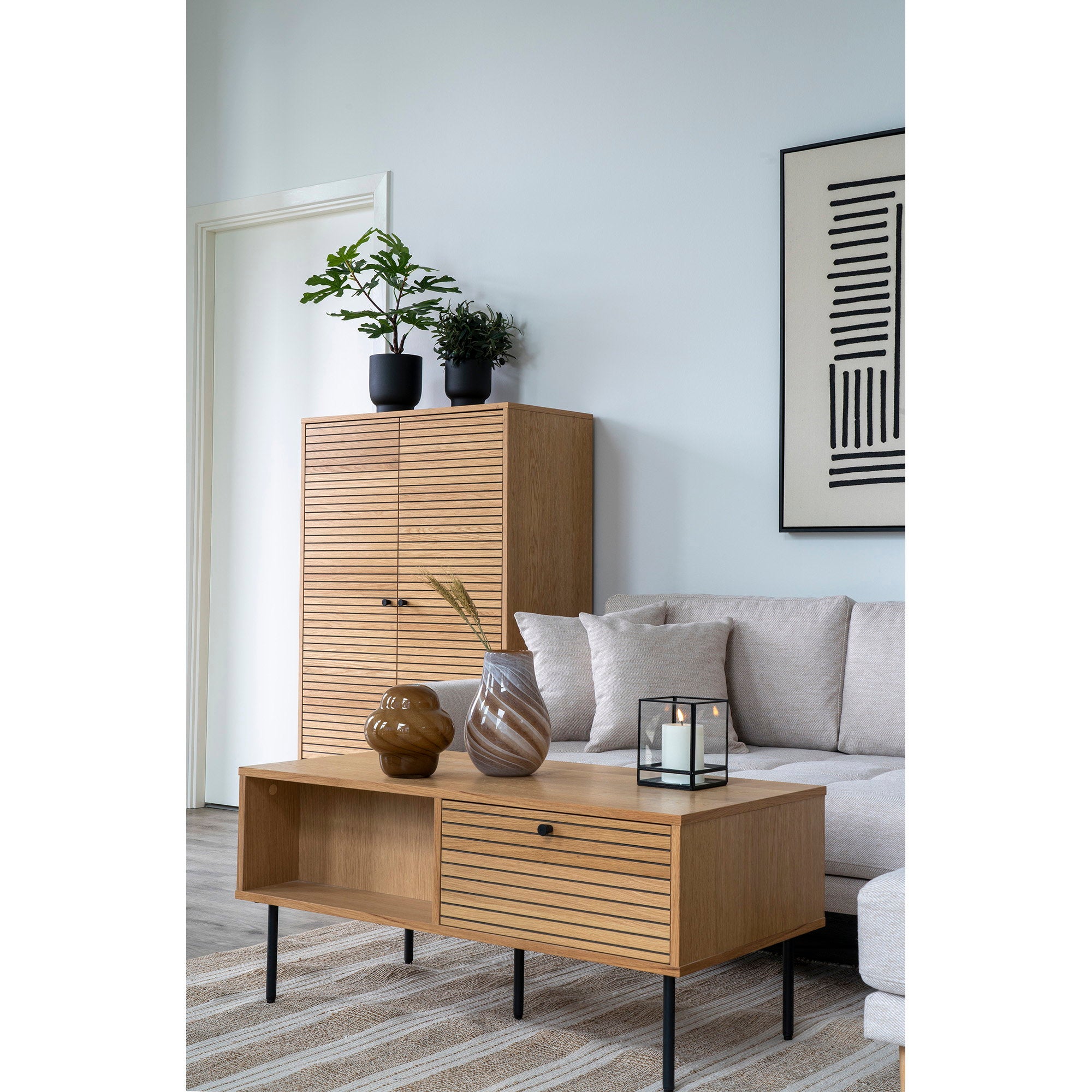 Kyoto Salontafel - Met 2 lades, eikenfineer, naturel, zwarte metalen poten 50x100x45 cm