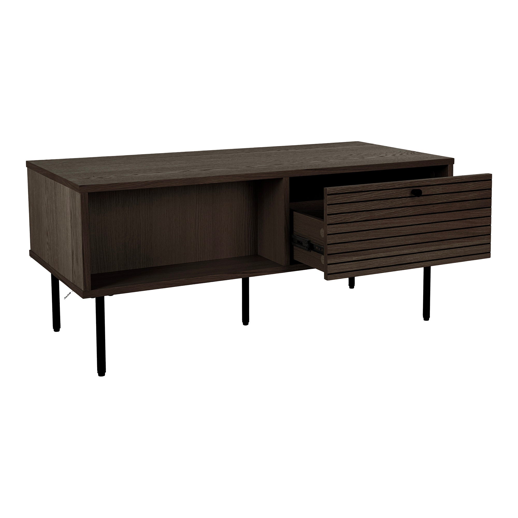 Kyoto Salontafel - Met 2 lades, eikenfineer, gerookt, zwarte metalen poten 50x100x45 cm