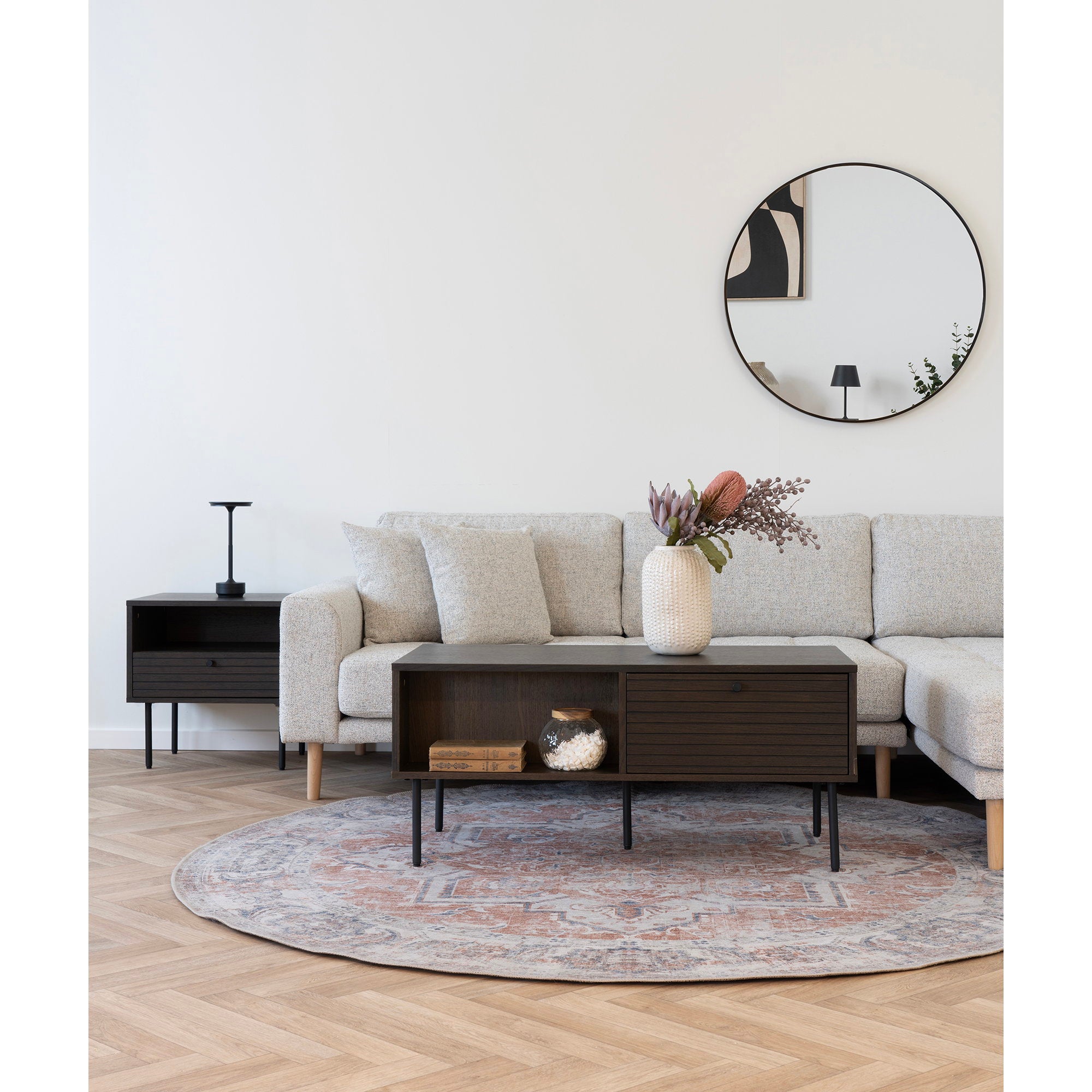 Kyoto Salontafel - Met 2 lades, eikenfineer, gerookt, zwarte metalen poten 50x100x45 cm