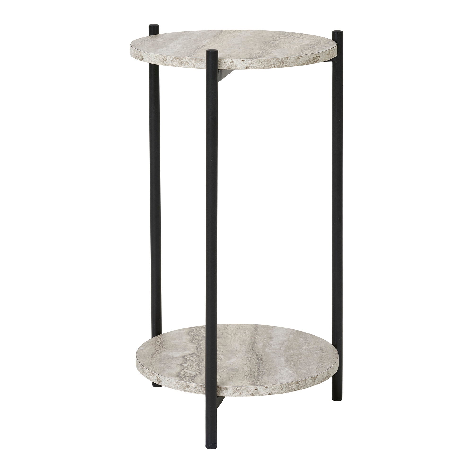 Leuven Side Table - Side table, travertine look, black legs Ø27x46 cm