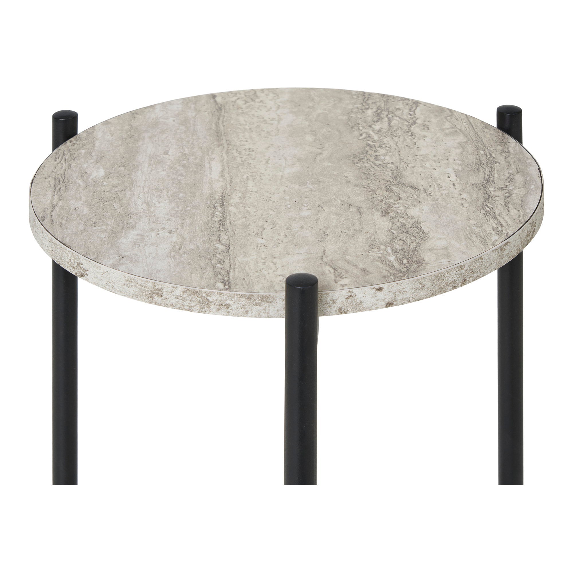Leuven Side Table - Side table, travertine look, black legs Ø27x46 cm