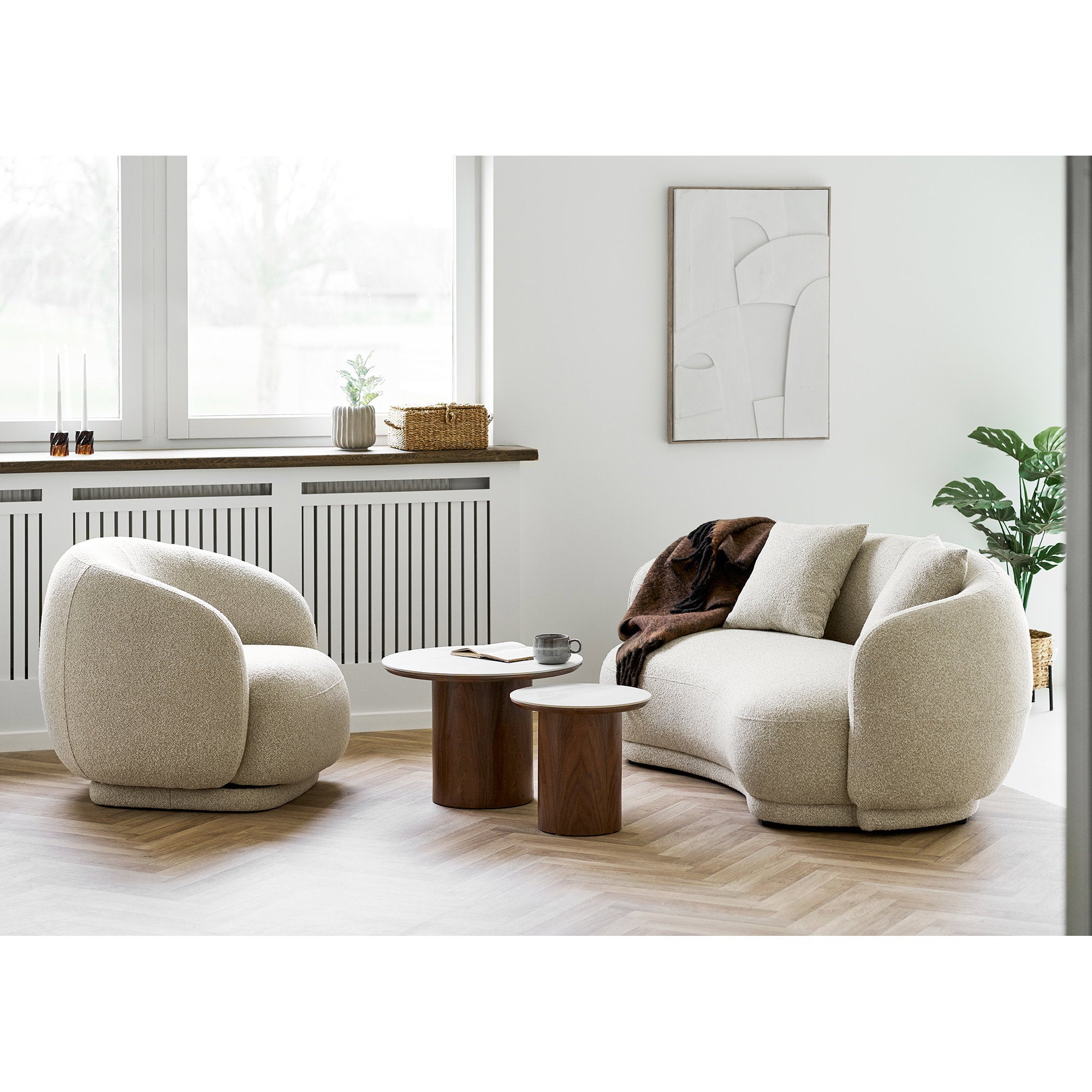 Noli Side Table - Side table, ceramic top/ash veneer, white/dark brown Ø40x38 cm