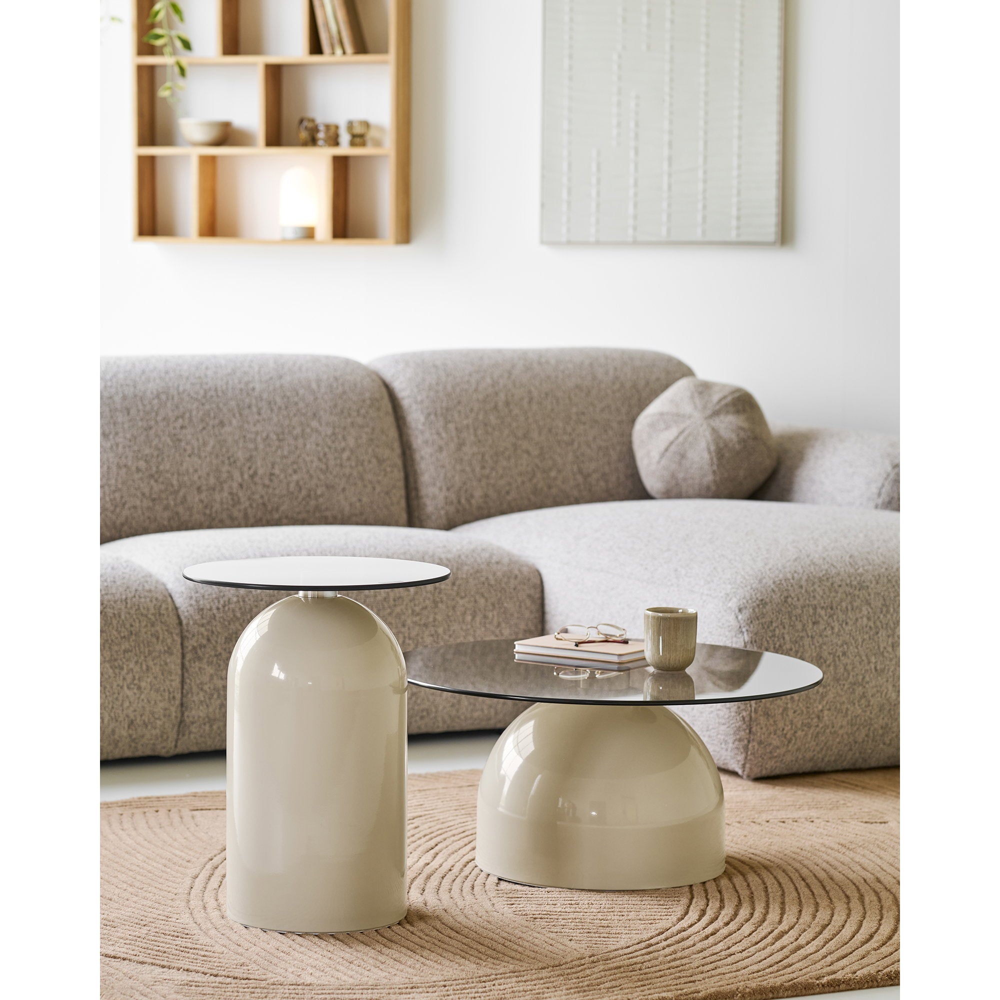 Ravello Side Table - Side table, tempered glass/metal, grey/beige Ø40x52 cm