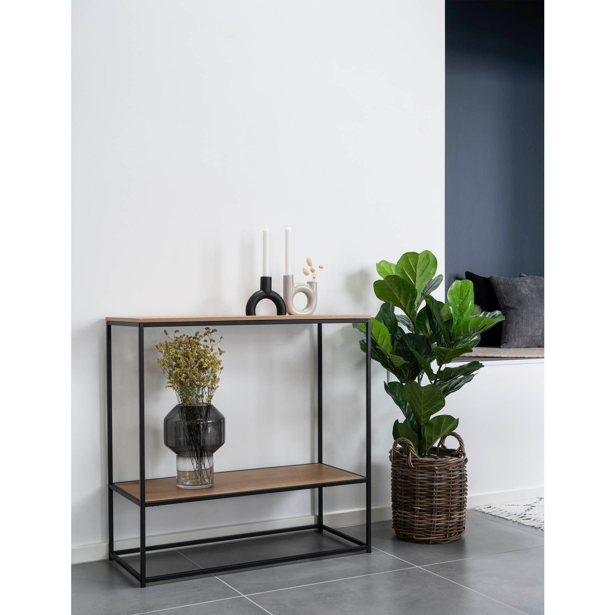 Vita Wandtafel - Wandtafel met 2 planken, eikenlook, zwart frame 80x36x80 cm
