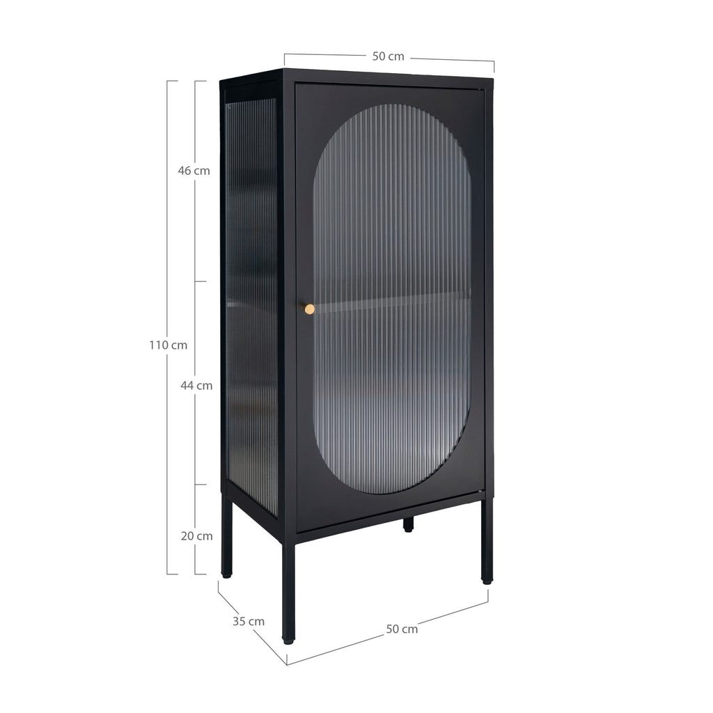 Adelaide Vitrinekast - Vitrinekast met 1 geribbeld glazen deur, staal, zwart 50x35x110 cm