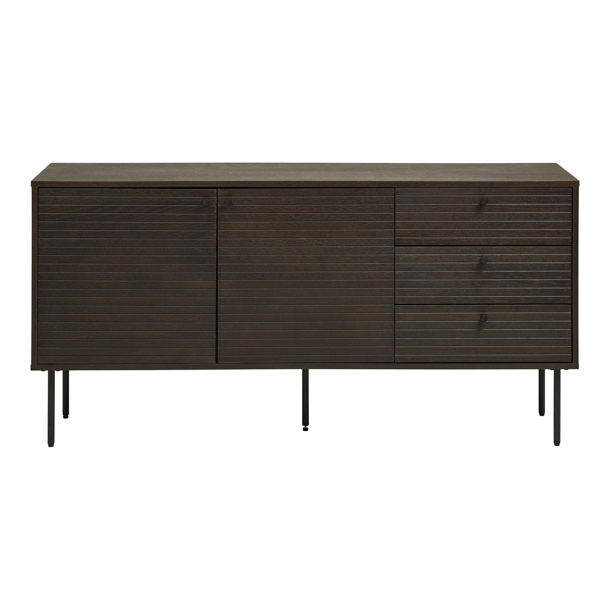 Kyoto Dressoir - 3 lades, 2 deuren, eikenfineer, gerookt, zwarte metalen poten 150x40x74 cm