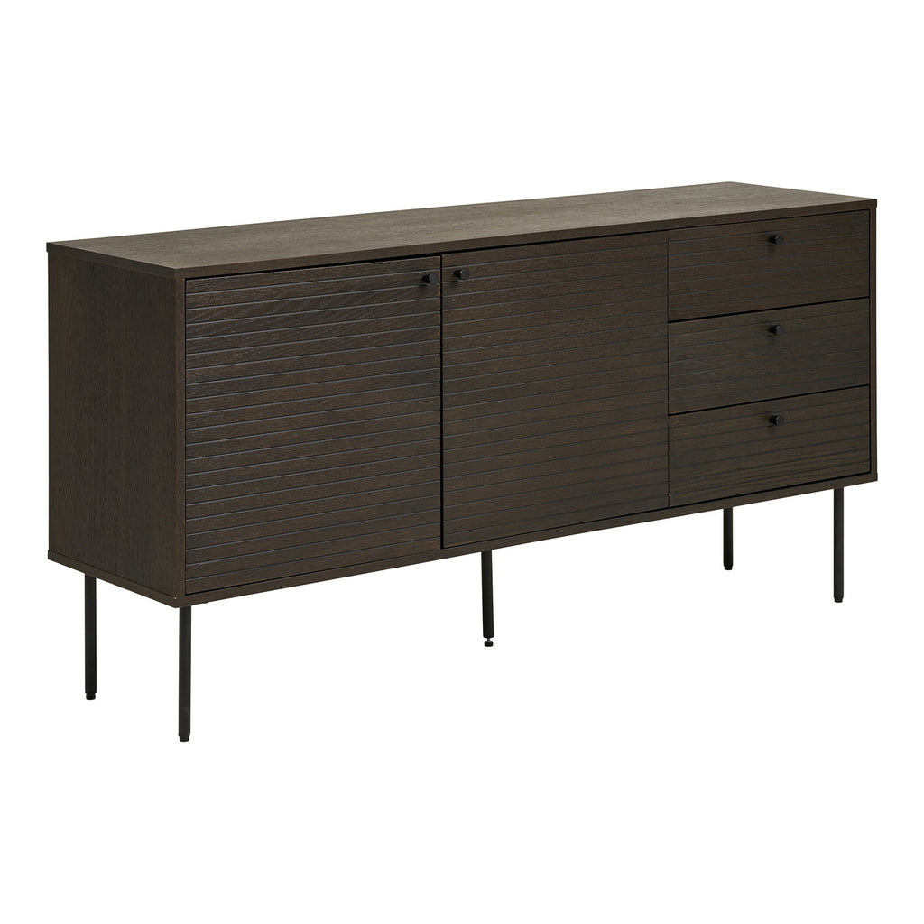 Kyoto Dressoir - 3 lades, 2 deuren, eikenfineer, gerookt, zwarte metalen poten 150x40x74 cm
