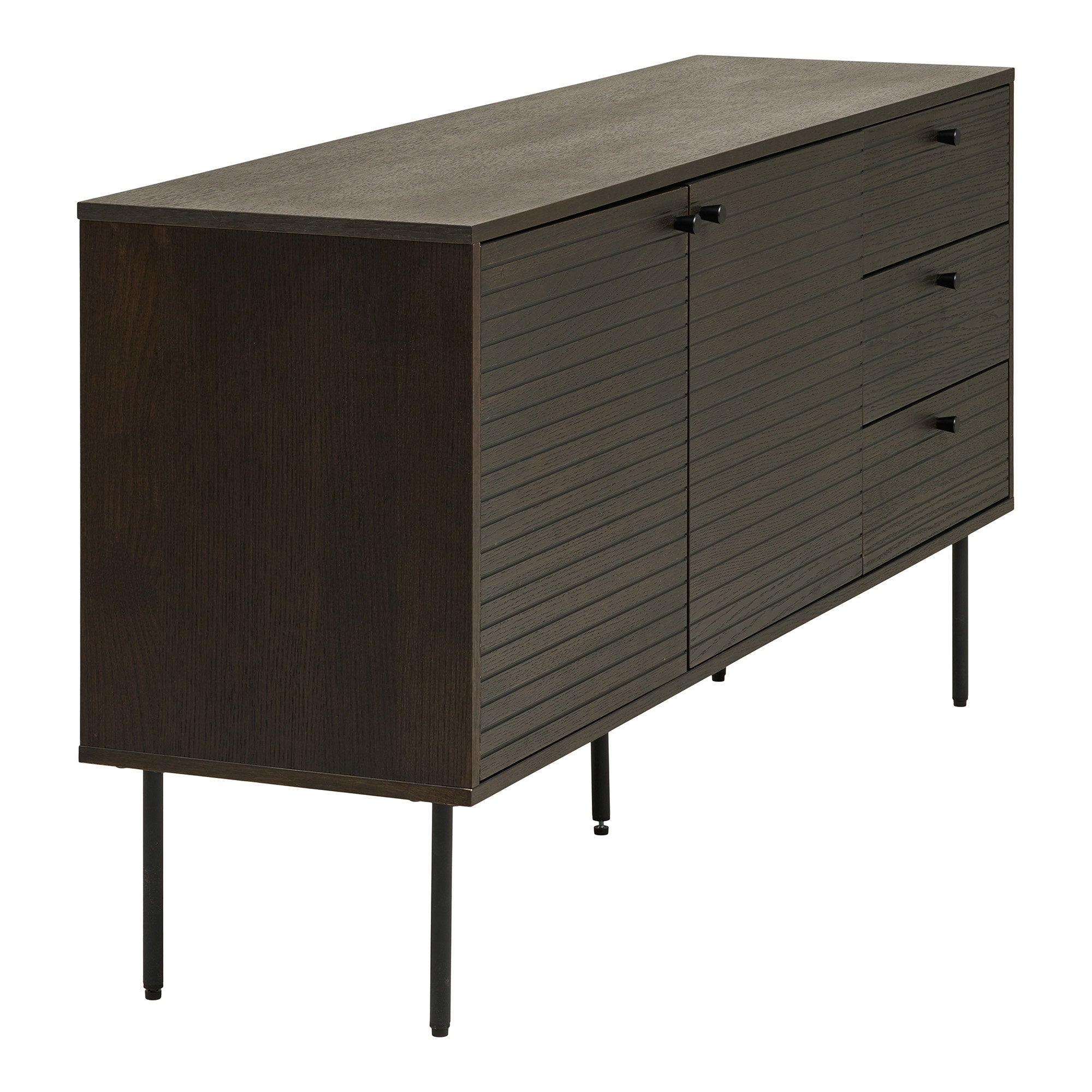 Kyoto Dressoir - 3 lades, 2 deuren, eikenfineer, gerookt, zwarte metalen poten 150x40x74 cm