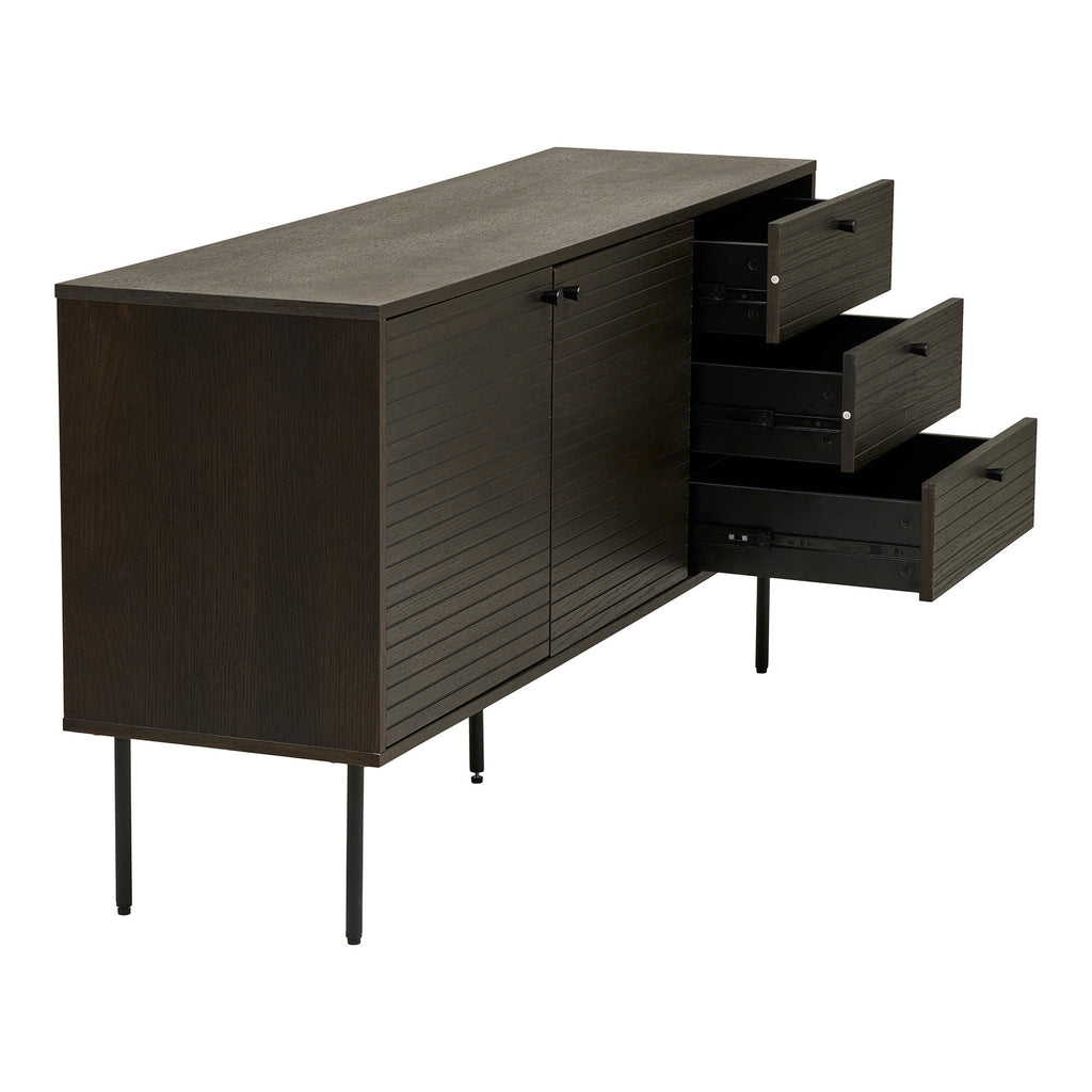 Kyoto Dressoir - 3 lades, 2 deuren, eikenfineer, gerookt, zwarte metalen poten 150x40x74 cm