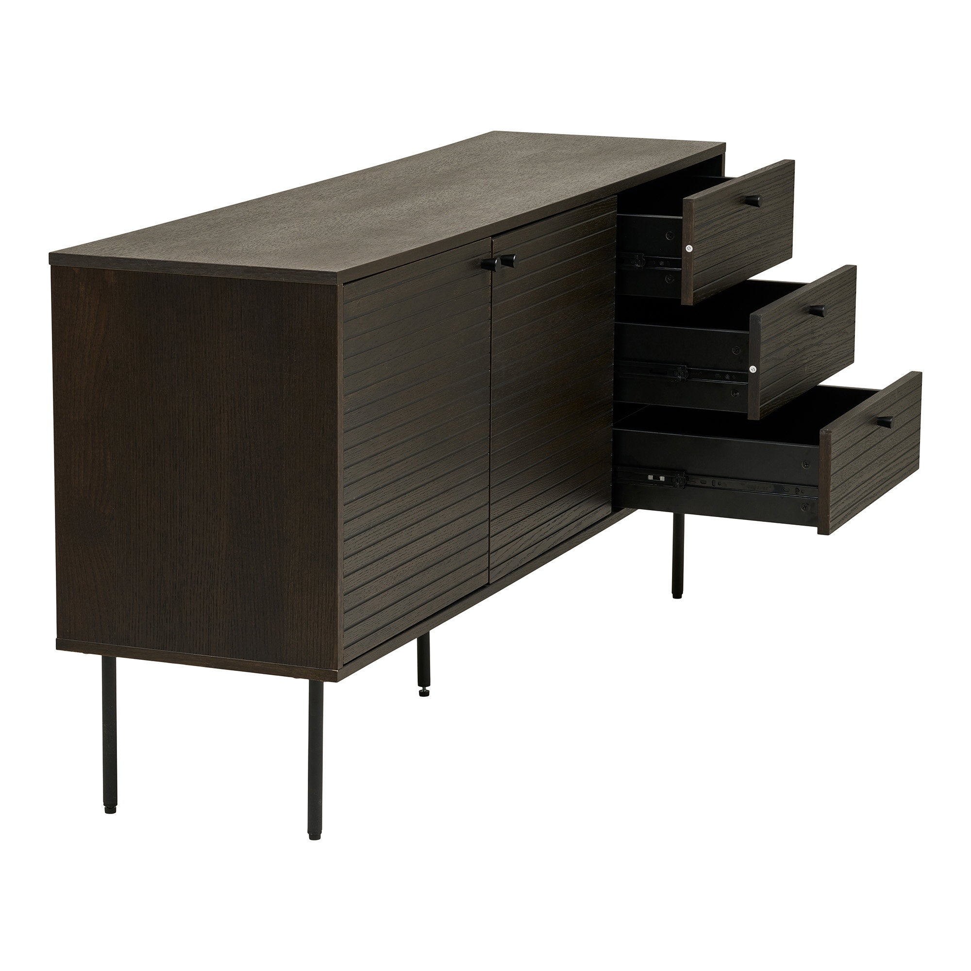 Kyoto Dressoir - 3 lades, 2 deuren, eikenfineer, gerookt, zwarte metalen poten 150x40x74 cm