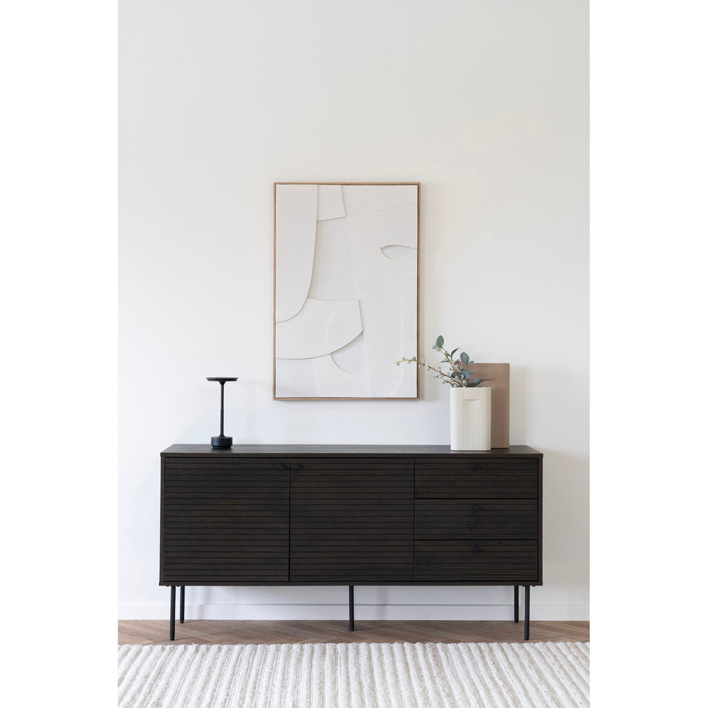 Kyoto Dressoir - 3 lades, 2 deuren, eikenfineer, gerookt, zwarte metalen poten 150x40x74 cm