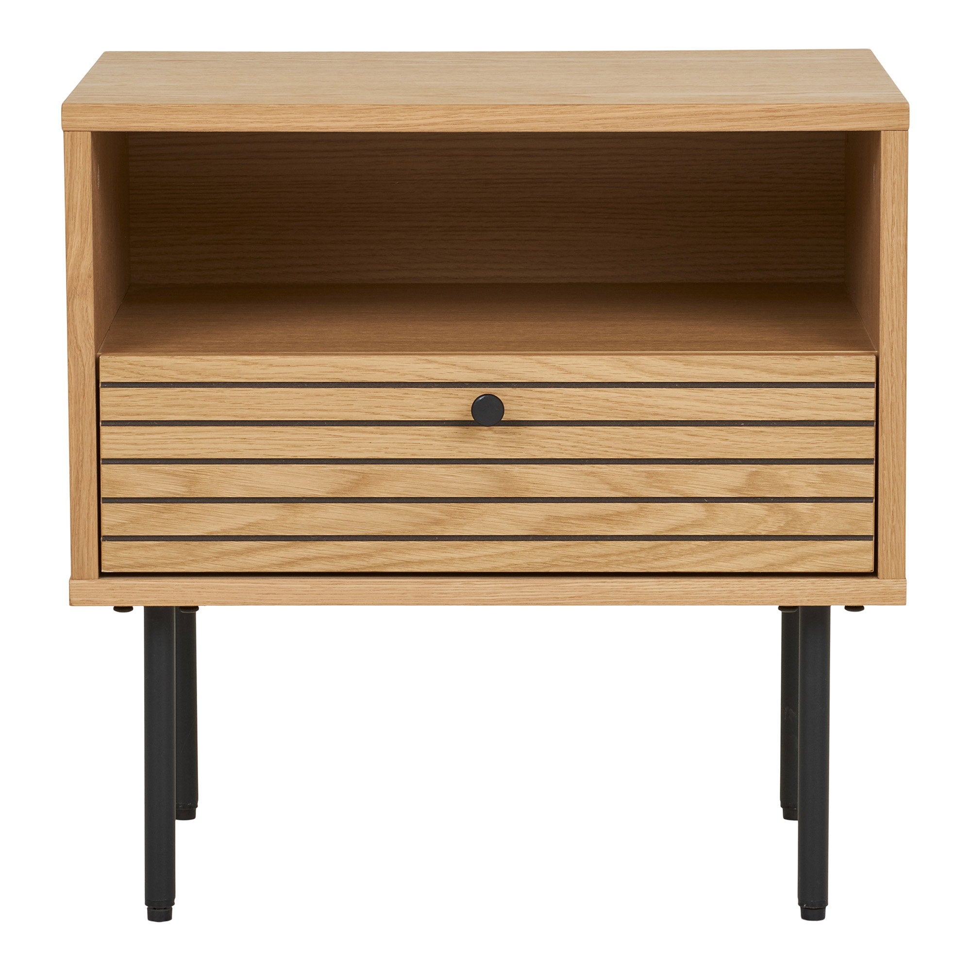 Kyoto Side Table - Side table with 1 drawer, oak veneer, natural, black metal legs 50x40x50 cm