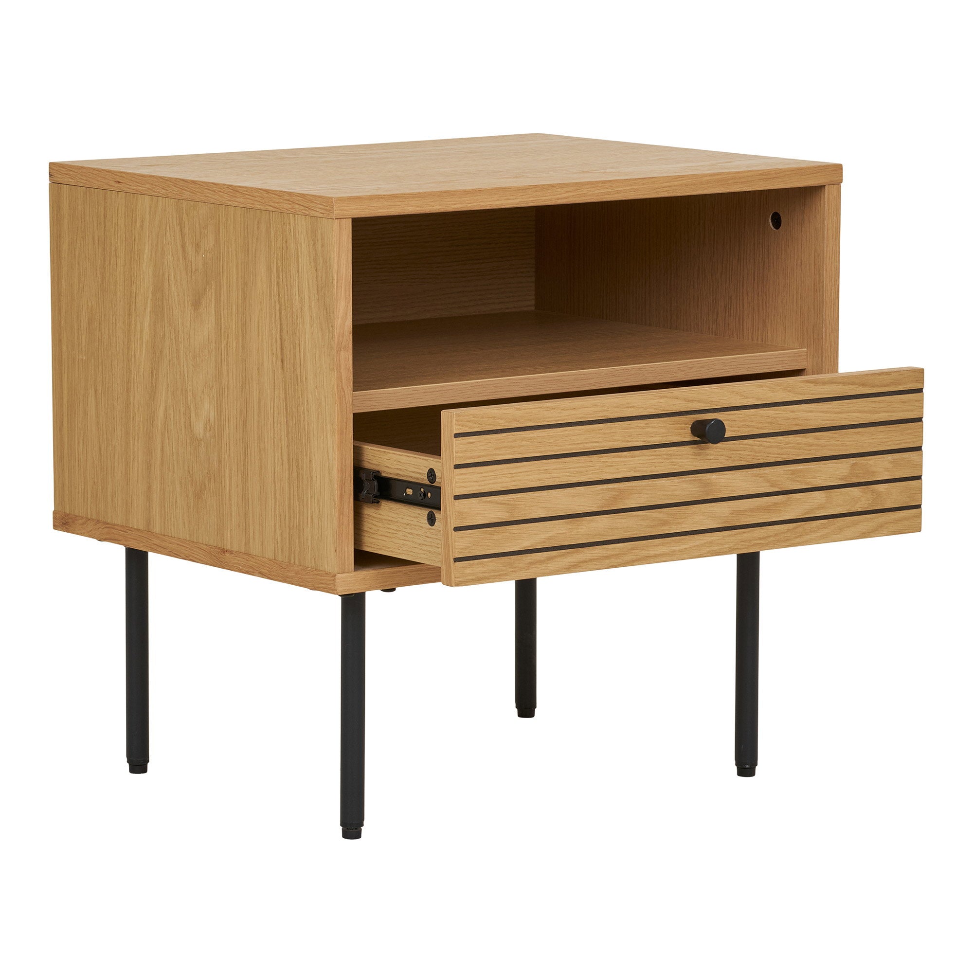 Kyoto Side Table - Side table with 1 drawer, oak veneer, natural, black metal legs 50x40x50 cm