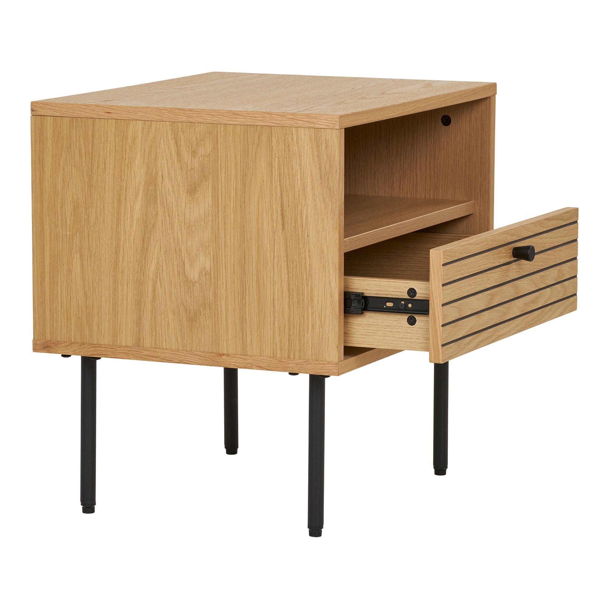 Kyoto Side Table - Side table with 1 drawer, oak veneer, natural, black metal legs 50x40x50 cm