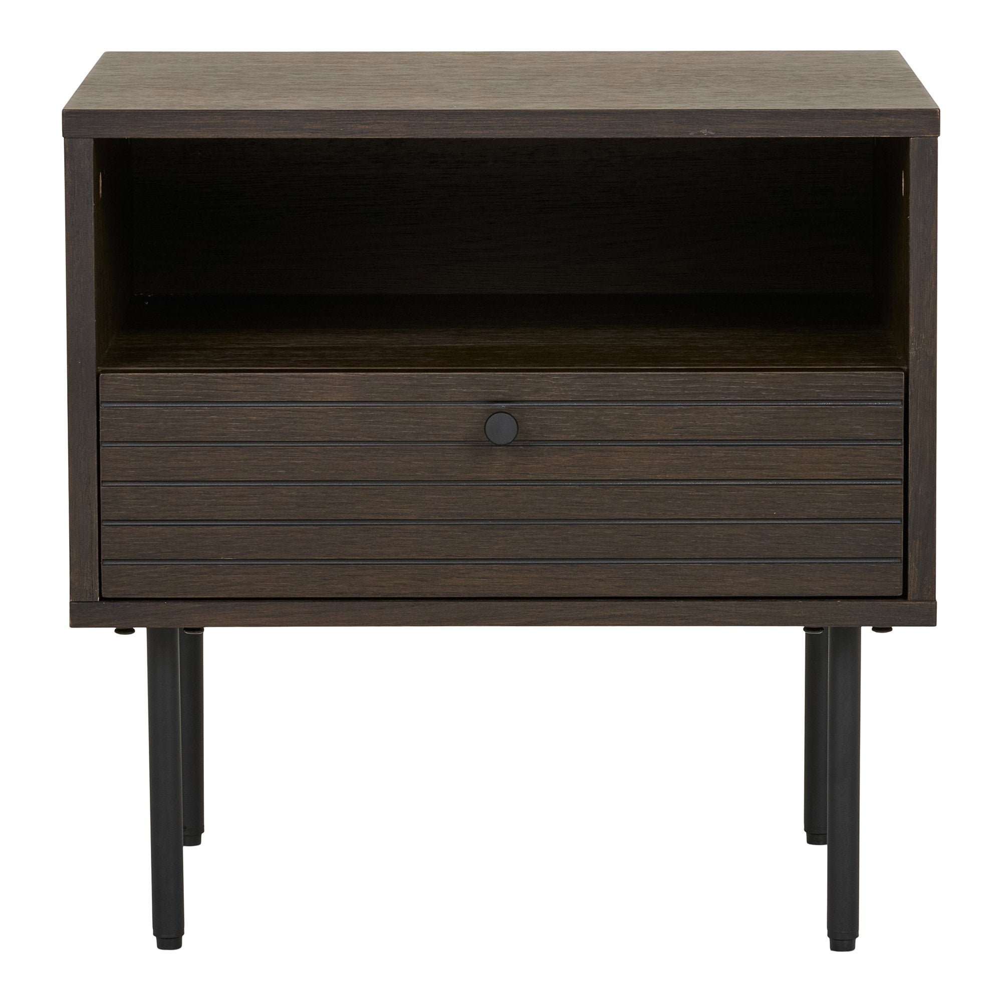 Kyoto Side Table - Side table with 1 drawer, oak veneer, smoked, black metal legs 50x40x50 cm