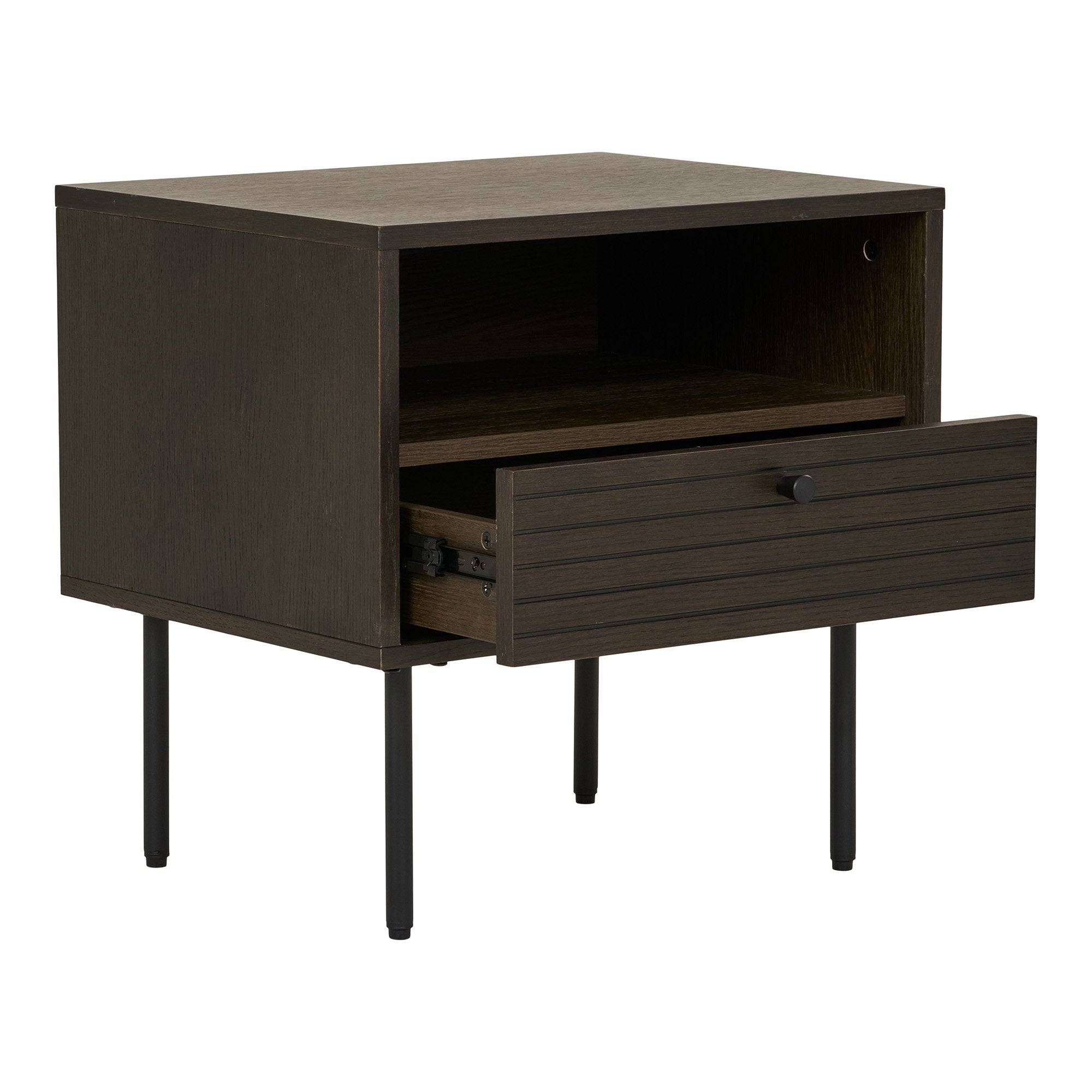 Kyoto Side Table - Side table with 1 drawer, oak veneer, smoked, black metal legs 50x40x50 cm