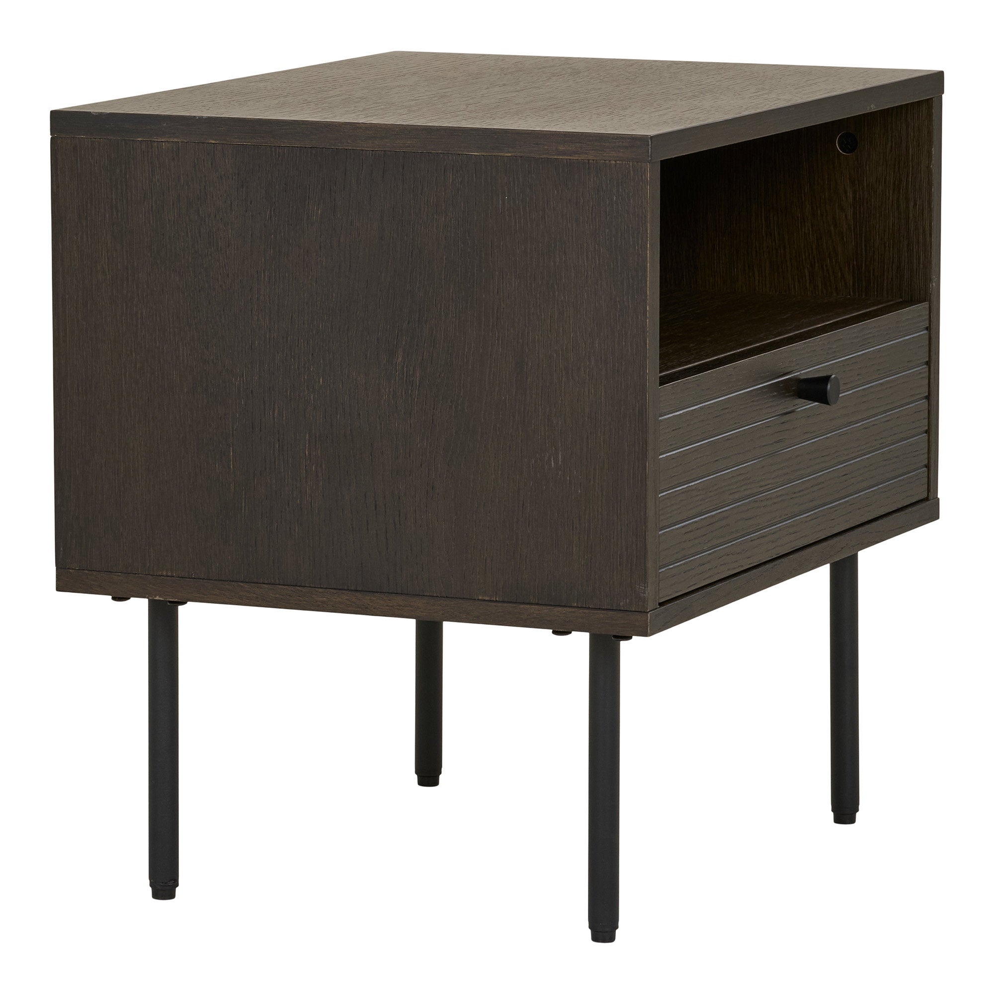 Kyoto Side Table - Side table with 1 drawer, oak veneer, smoked, black metal legs 50x40x50 cm