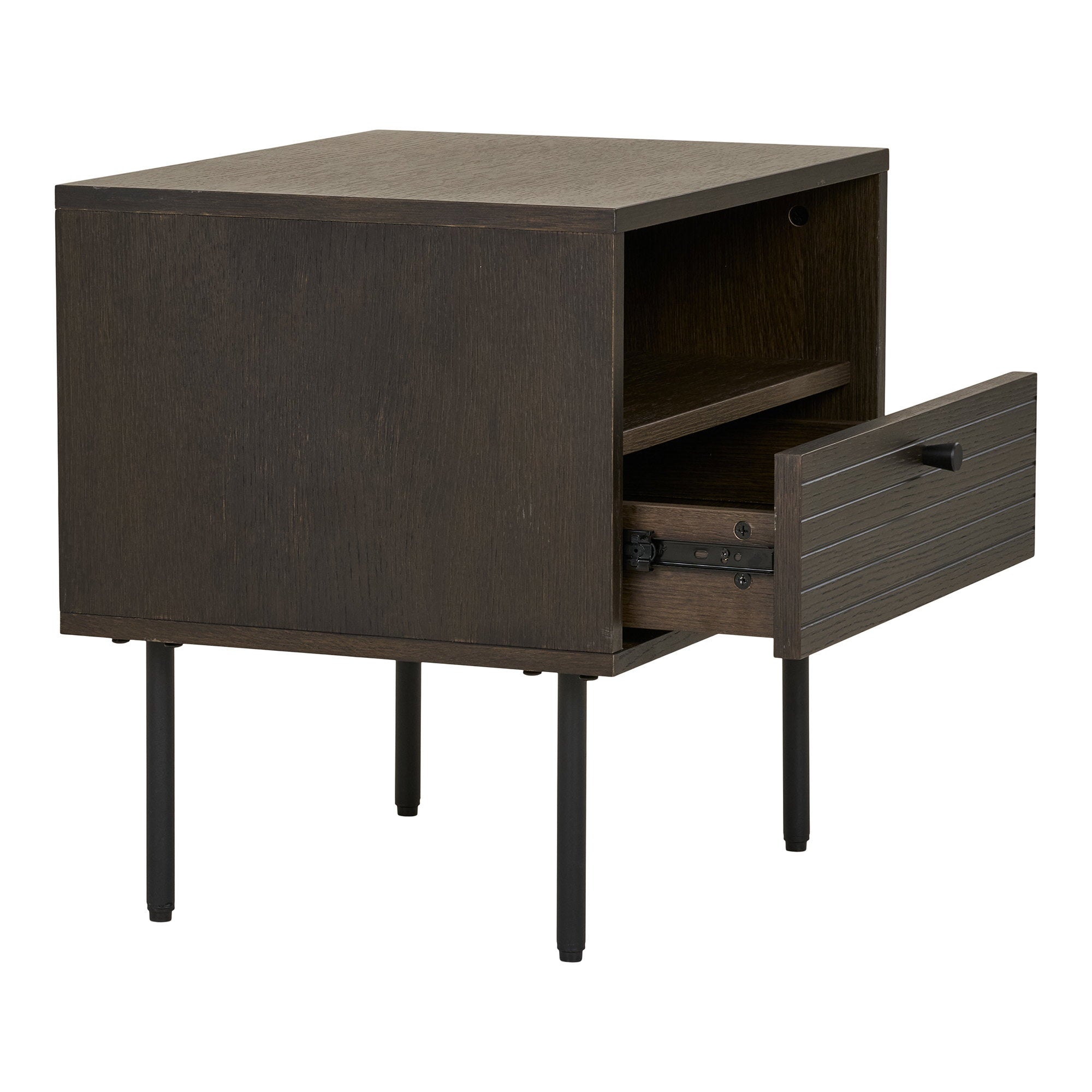 Kyoto Side Table - Side table with 1 drawer, oak veneer, smoked, black metal legs 50x40x50 cm
