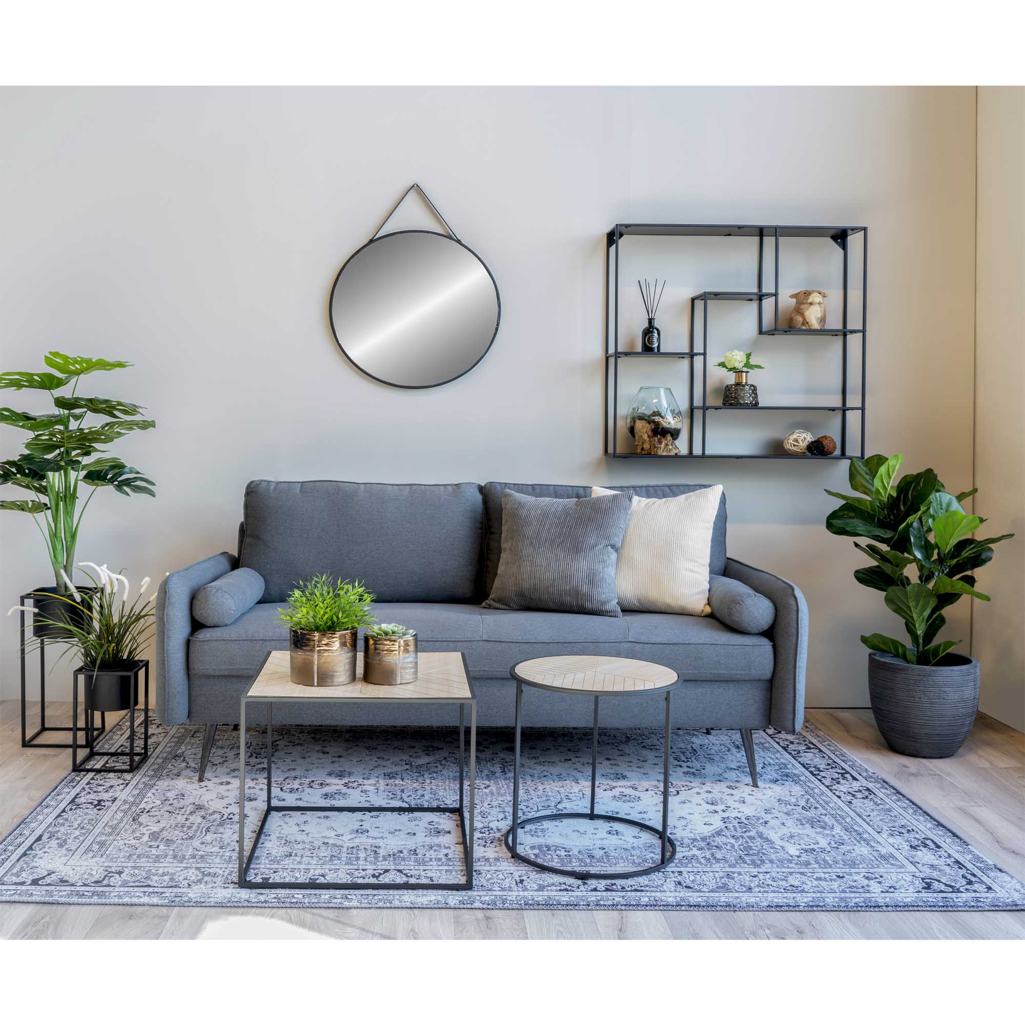 Trapani Mirror - Steel/faux leather, black Ø60 cm