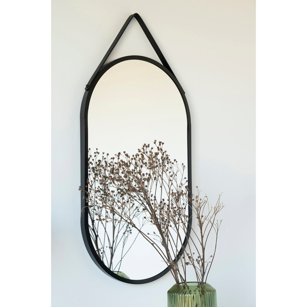 Trapani Mirror - Steel/faux leather, black 35x60 cm