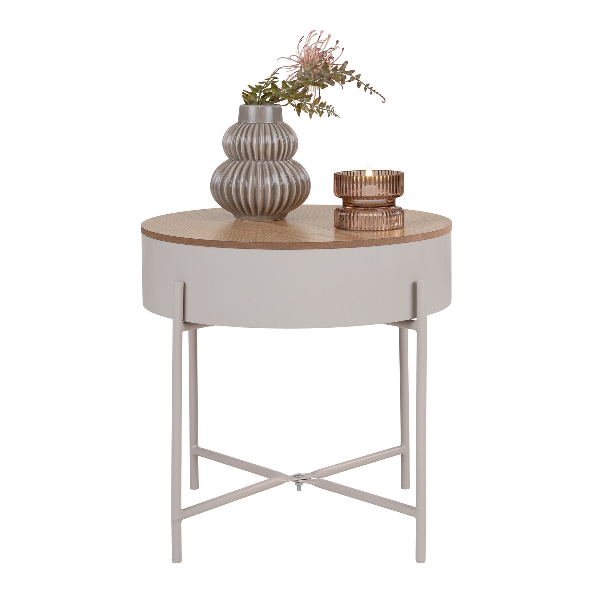 Sisco Bijzettafel - Bijzettafel, beige staal, naturel blad Ø40x40 cm
