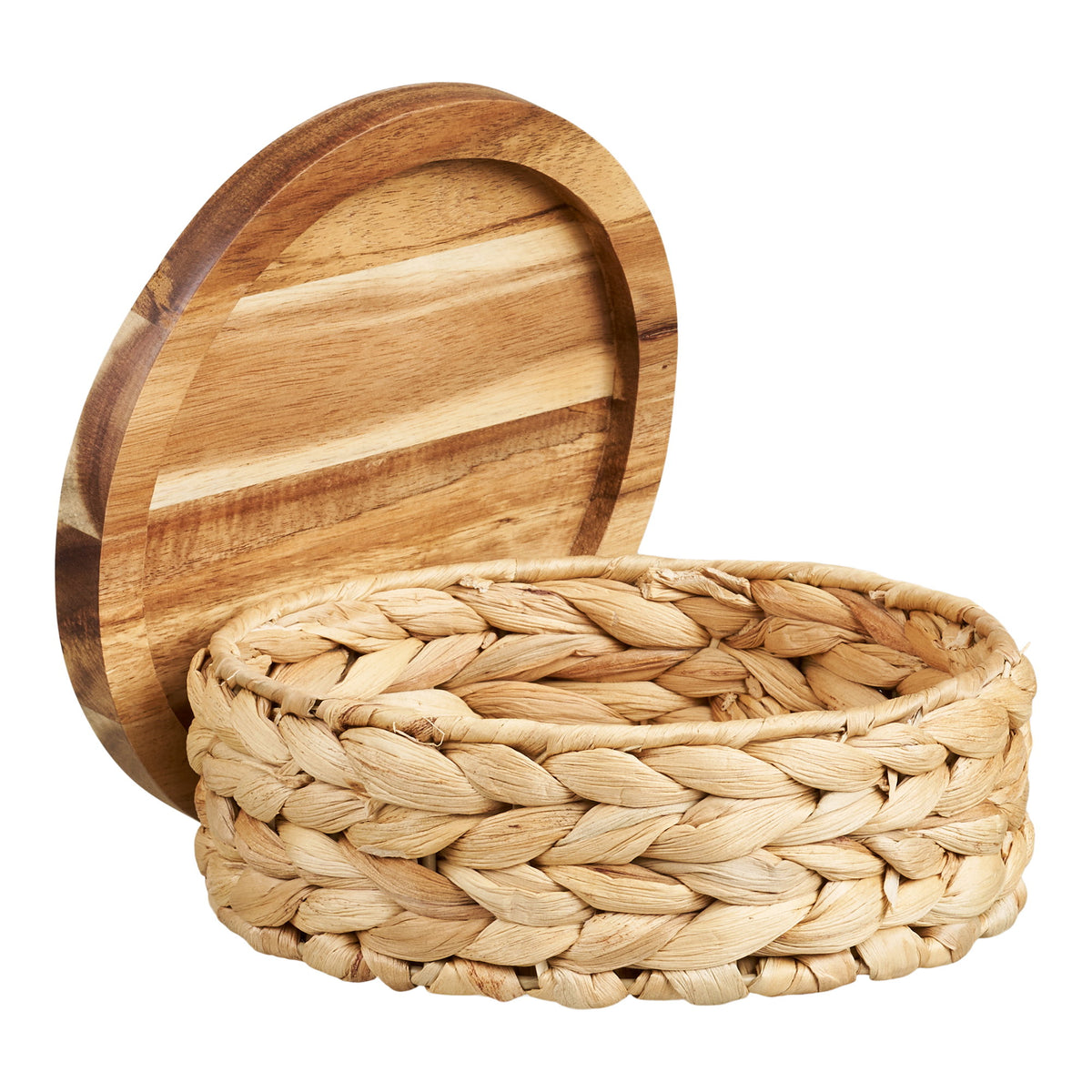 Woven Baskets - Baskets with wooden lid, water hyacinth, natural, set of 3