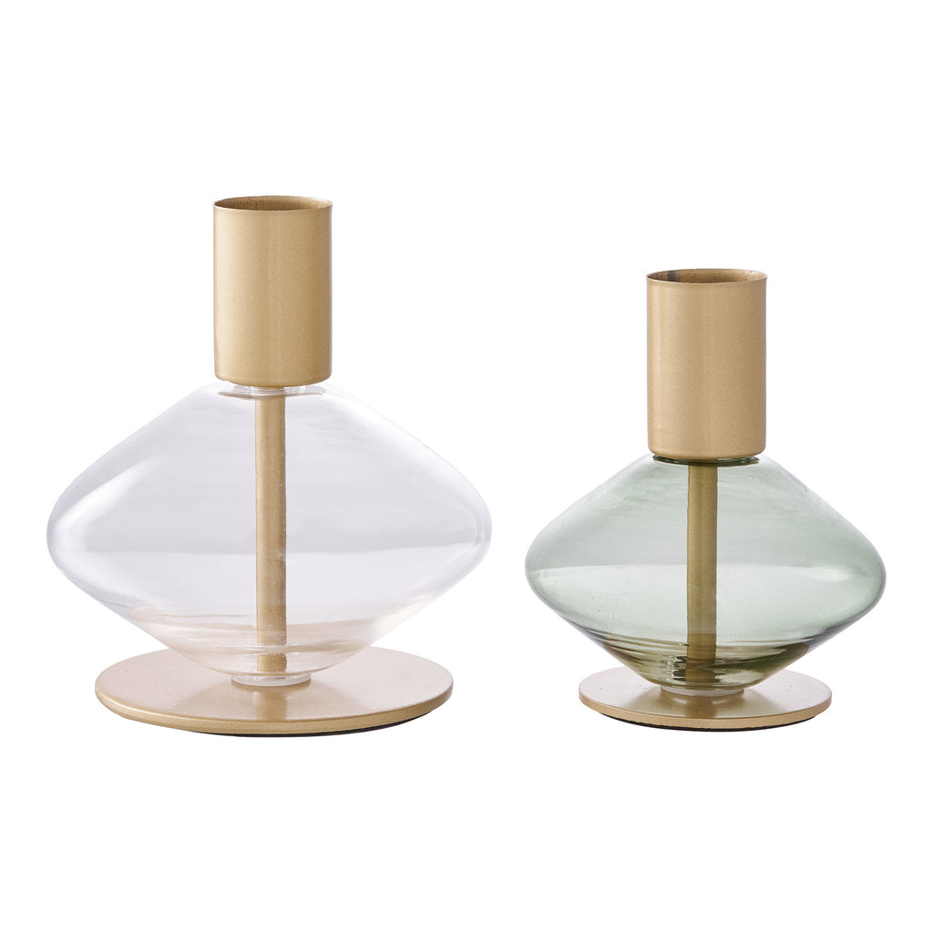 Kandelaar - Glas/metaal, transparant/groen (set van 2)