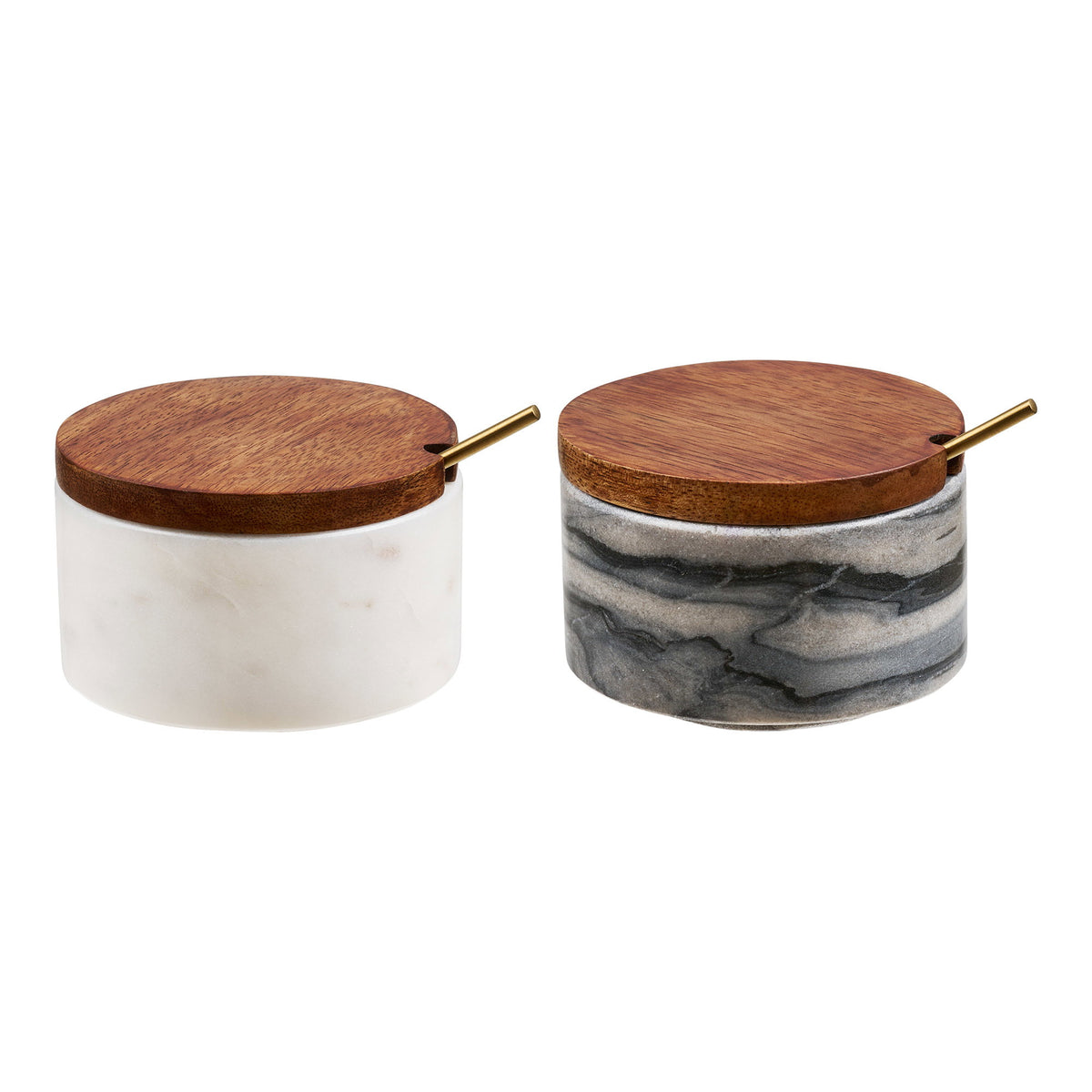 Pauri Storage Jar with Spoon - Storage jar with spoon, marble, grey/white/brass, set of 2