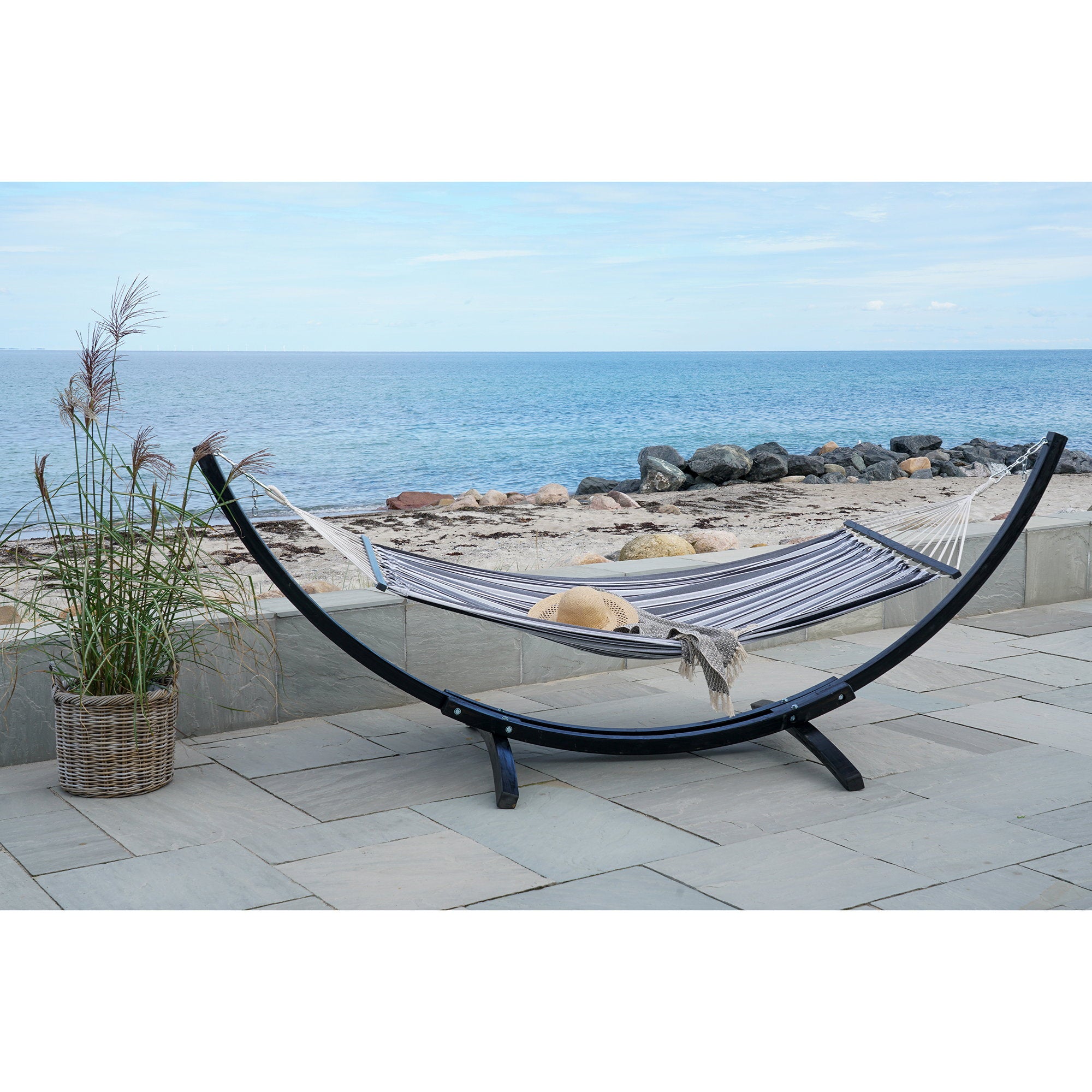 Tripoli Hangmat - Met houten standaard, larikshout, polyester/katoen, zwart/grijs/wit