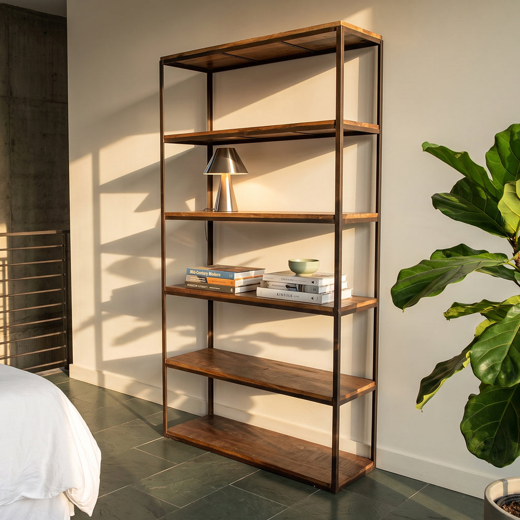 Industrial tall iron rack with FSC wooden shelves