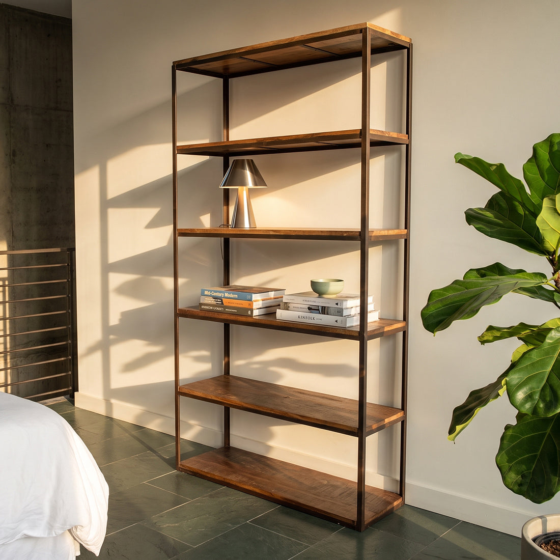 Industrial tall iron rack with FSC wooden shelves