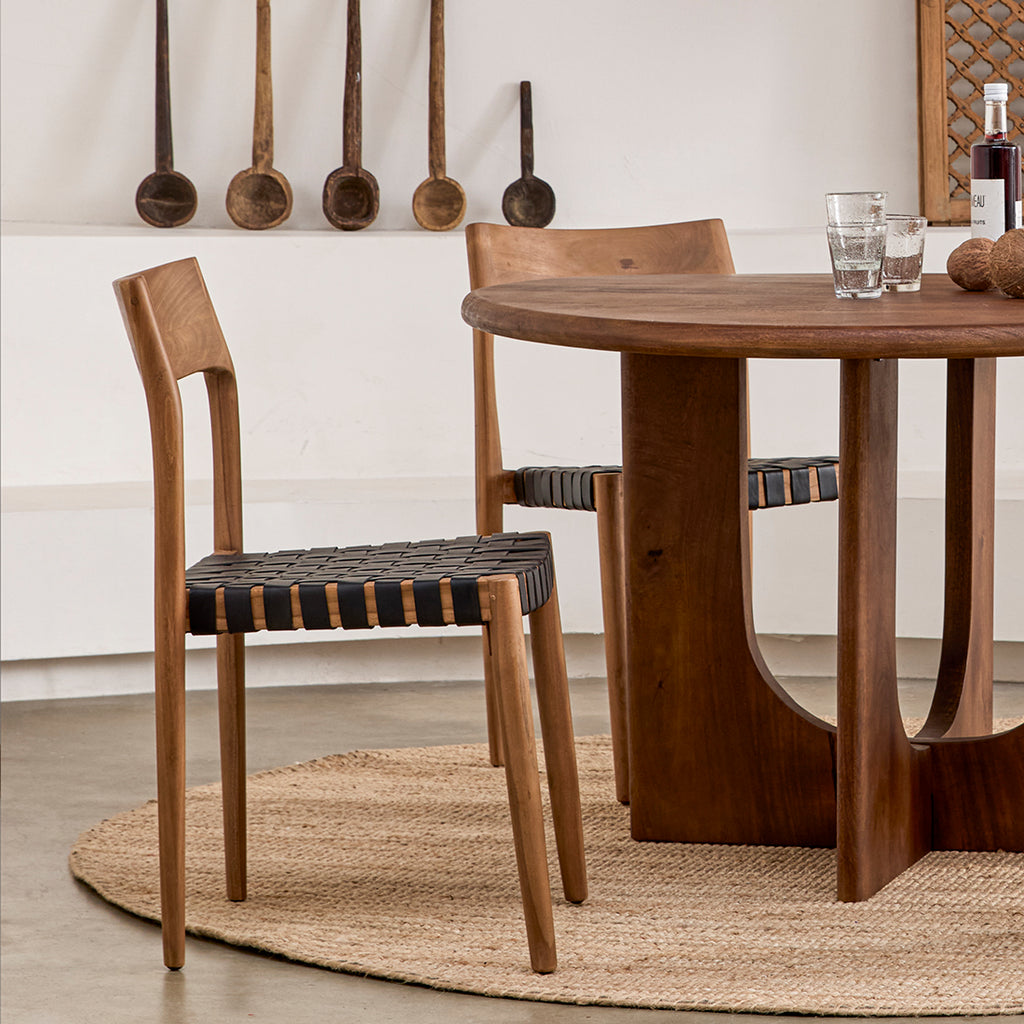 Freya teak eetkamerstoel met leer - Zwart (set van 2)