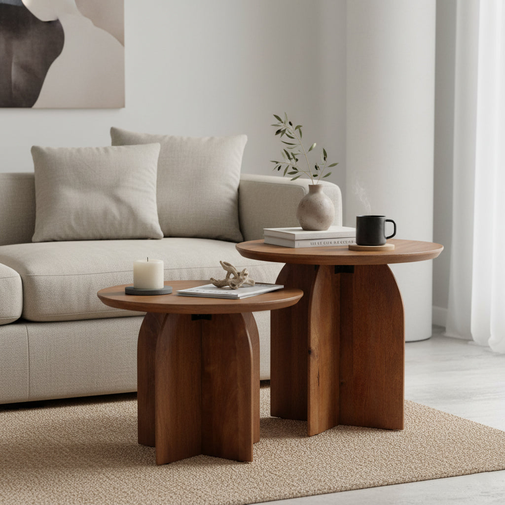 Bullnose mangohouten bijzettafel cross Ø 50 cm