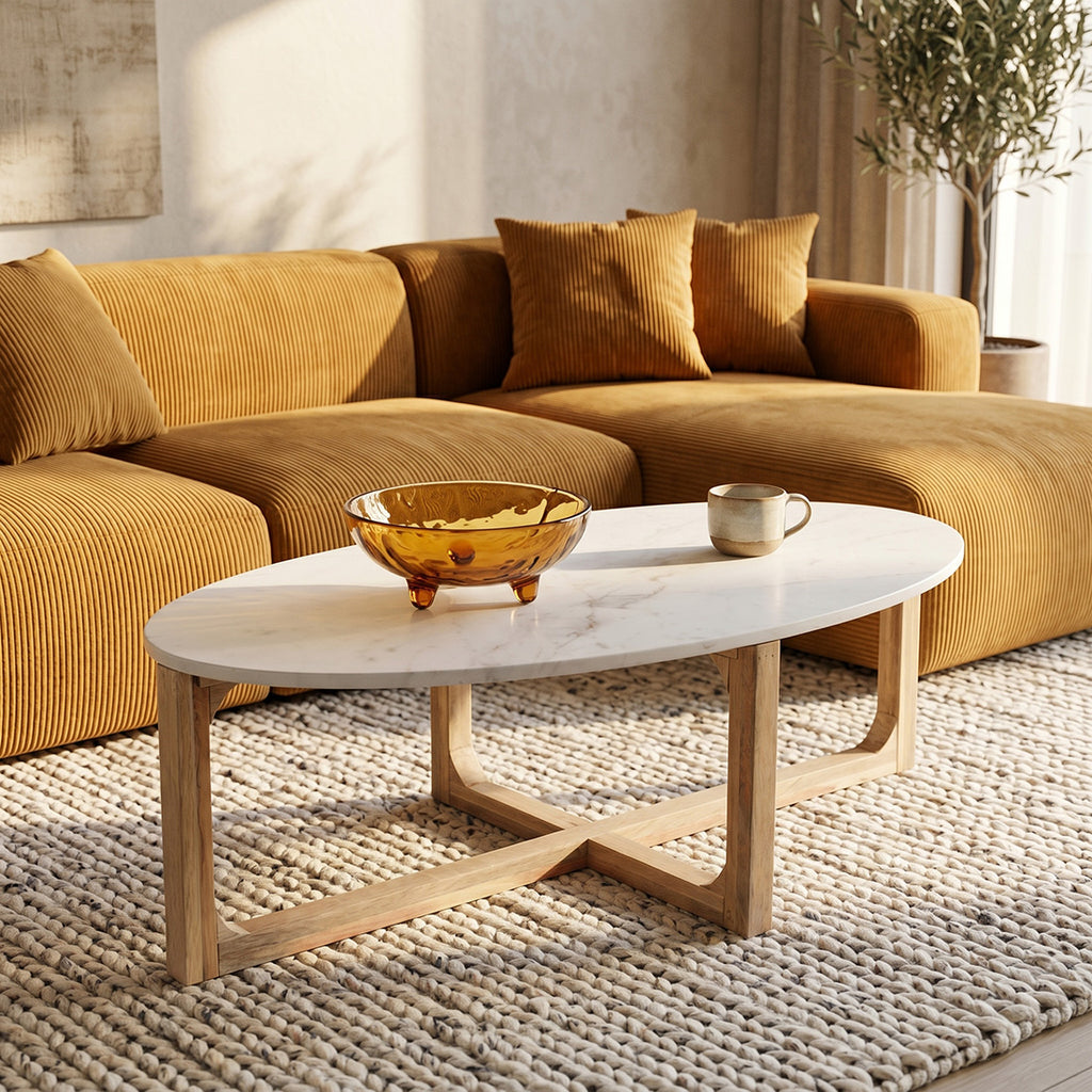 Ovaler Couchtisch aus Marmor - Weiß - 120x60x38 cm