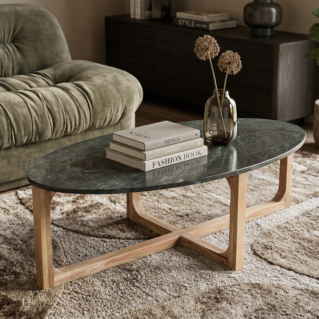 Oval marble coffee table - Green - 120x60x38 cm